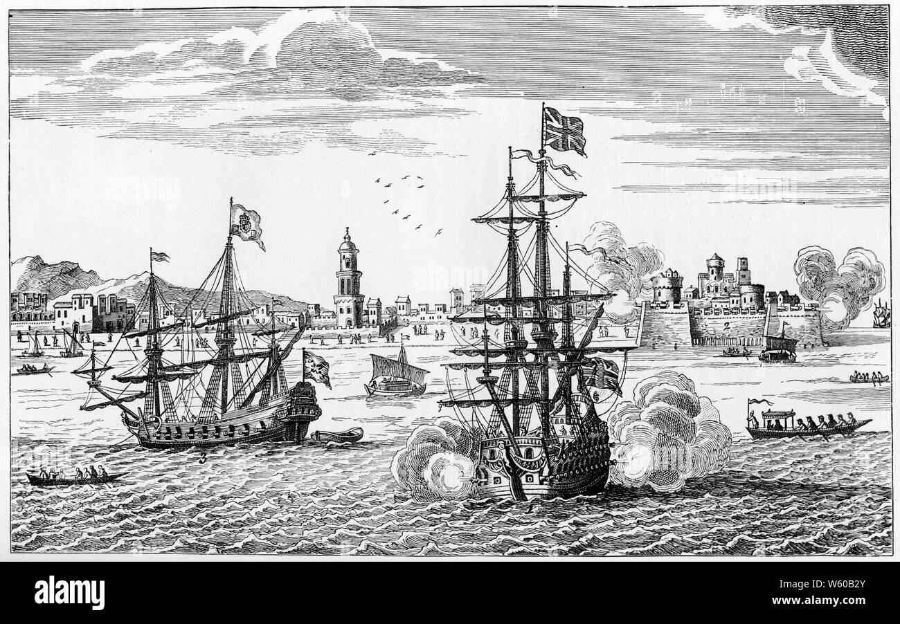 Eine Kampfszene vor Macao, aus dem Wasser mit dem britischen Schiff Centurion im Vordergrund, c1744. Von Emanuel Bowen (c1694-1767). Aus Harris Navigantium atque Itinerantium Bibliotheca oder einer kompletten Sammlung von Reisen und Reisen. Während Großbritannien im Krieg mit Spanien 1740 war, führte Commodore George Anson (1697-1762) eine Geschwader von acht Schiffen auf einer Mission, Spaniens pazifische Besitztümer einschließlich Manila zu stören oder zu erobern. Stockfoto