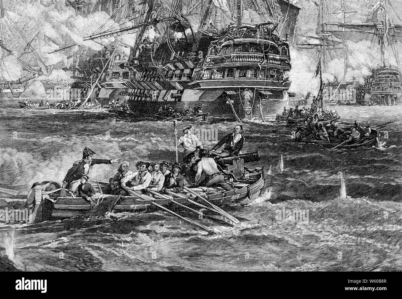 Die Bombardierung von Algier durch Viscount Exmouth, 1816. Nach George Hyde Chambers (1803-1840). Die Bombardierung von Algier am 27.. August 1816 war ein Versuch Großbritanniens und der Niederlande, die Sklaverei von Omar Agha, dem Dey von Algier, zu beenden. Eine englisch-niederländische Flotte unter Admiral Lord Exmouth bombardierte Schiffe und die Hafenverteidigung von Algier. Stockfoto