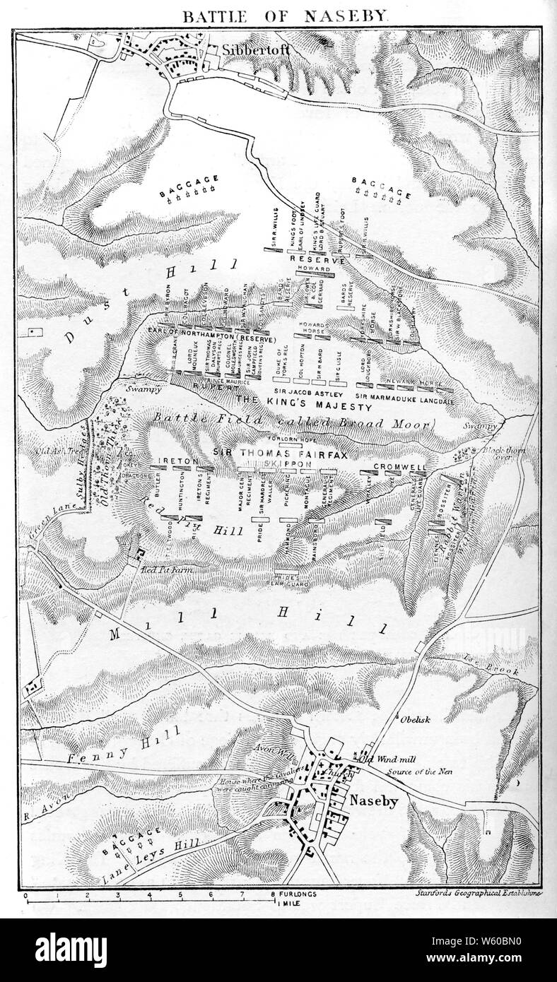 Eine militärische Karte der Schlacht von Naseby 1645. Der Schlacht von Naseby war eine entscheidende Engagement der ersten englischen Bürgerkrieg, am 14. Juni 1645 kämpften, zwischen der royalistischen Armee von König Karl I. und der parlamentarischen New Model Army unter dem Gebot von Sir Thomas Fairfax und Oliver Cromwell. Es war in der Nähe des Dorfes Naseby in Northamptonshire gekämpft. Stockfoto