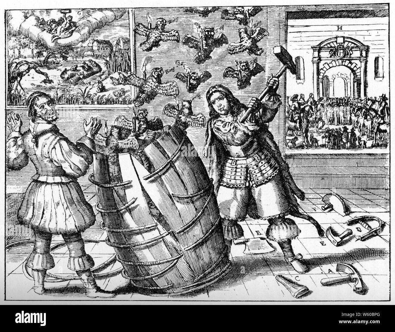 Ein niederländischer Breitseitiger, der Richard Cromwell, c1659, sättigt. Richard Cromwell (Mitte) wird als cooper gezeigt, der eine Löwenhaut trägt, mit Kupferwerkzeugen zu seinen Füßen und dabei mit einem Hammer ein Fass zerstört, aus dem bespeckte Eulen, die brennende Kerzen tragen, entkommen. Auf der linken Seite eine Figur des Pickleherings, des Clowns, der seine Arme hebt; im Hintergrund zwei Bilder, links die Aesops Fabel "die Frösche und König Stork" zeigen, auf der rechten Seite eine Staatsproklamation, die in einem Innenhof mit den Armen des Commonwealth über einem Bogen stattfindet. Stockfoto