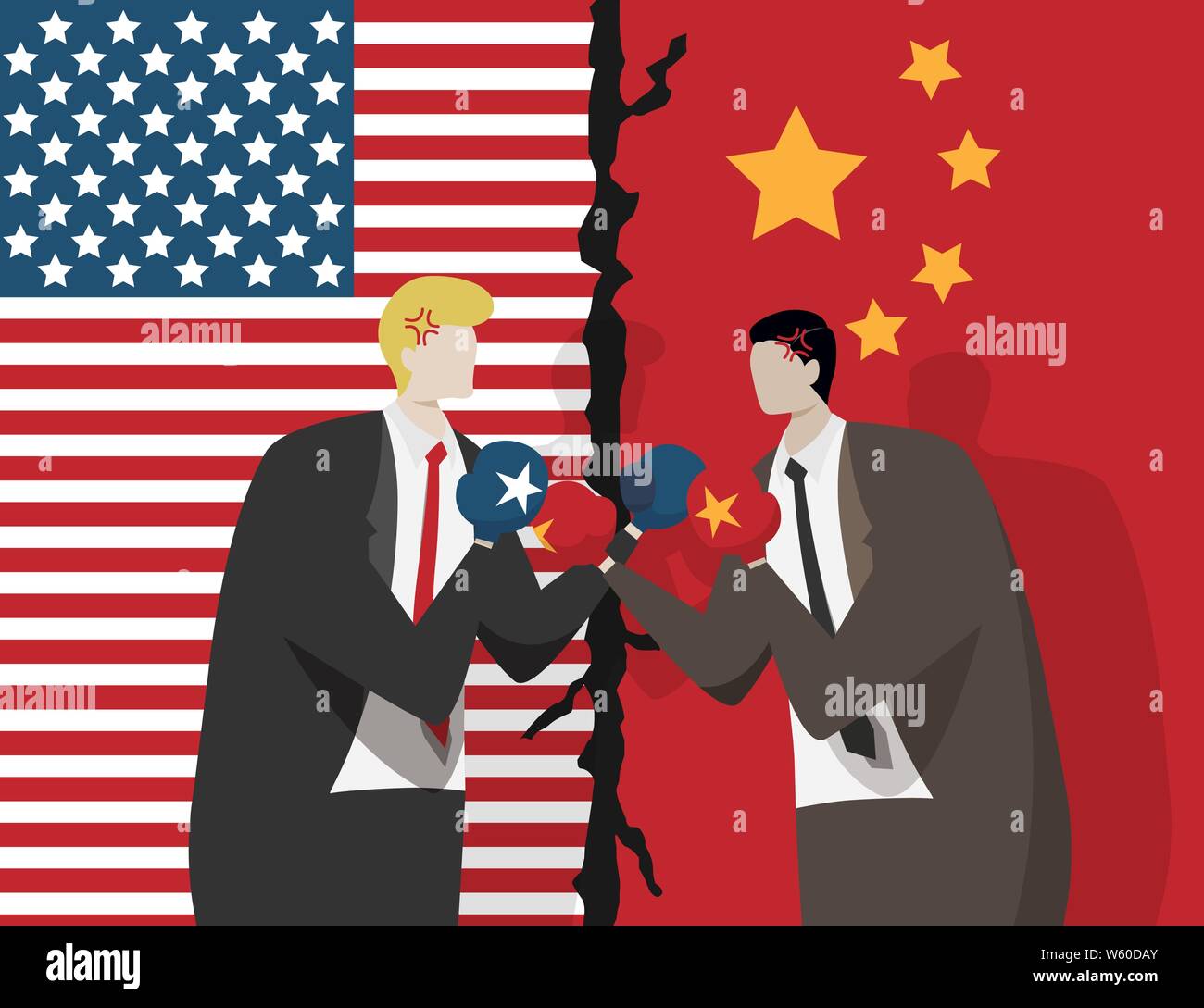 Zwei Geschäftsleute Boxhandschuh für Kampf, Flagge der USA und China im Hintergrund. Handelskrieg zwischen den USA und China Konzept Stock Vektor