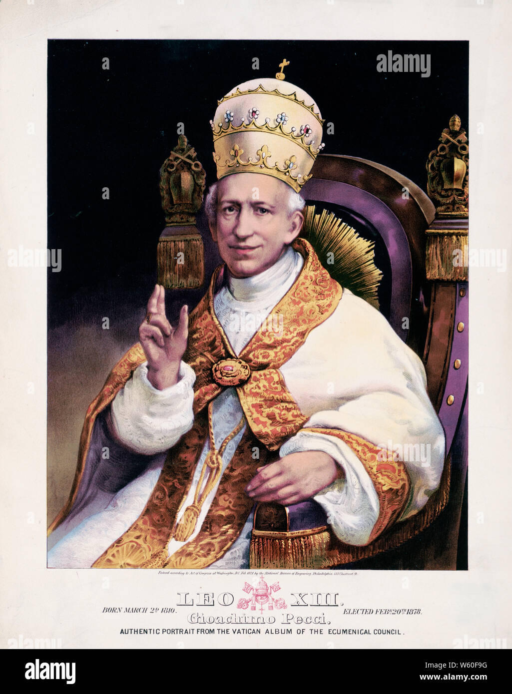 Leo XIII. Geboren am 2. März d 1810. Febr. gewählt. 20 1878. Gioachimo [sic] Pecci. Authentische Porträt aus dem Vatikan Album des Ökumenischen Rates Ca. 1878 Stockfoto