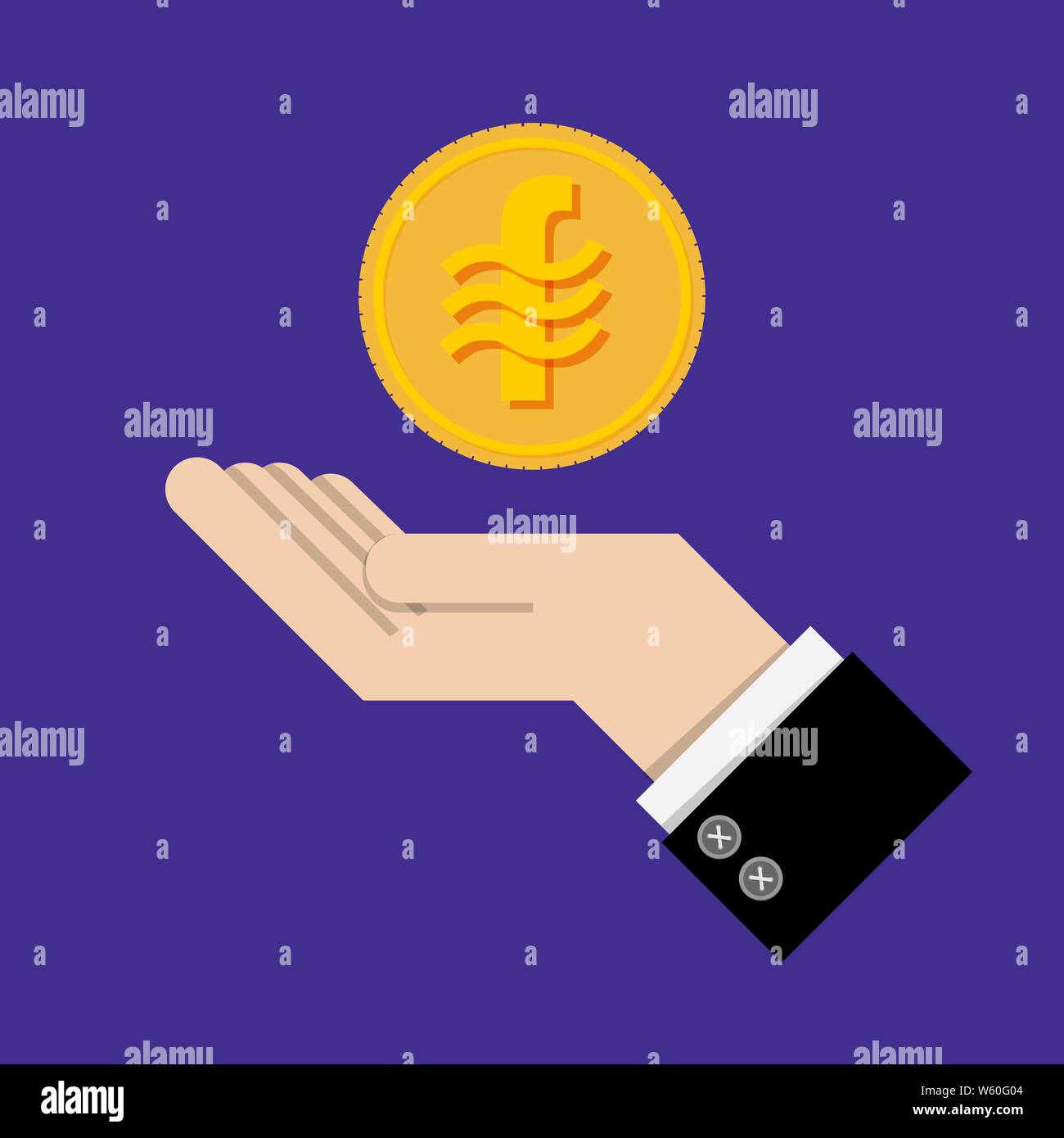 Rendite Konzept. Goldmünze mit Zeichen Waage Münze Währung auf Hand, Palm von Geschäftsmann. Wachstum investieren, Finanzen planen, persönliches Management, Stock Vektor