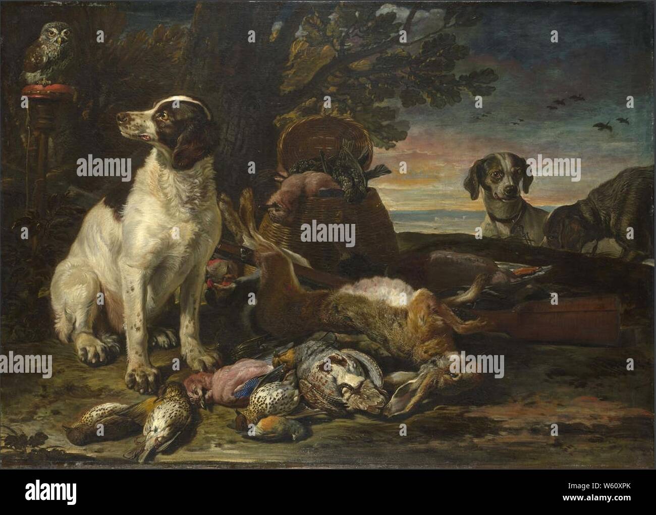 David de Coninck - tote Vögel und Spiel mit Gewehr Hunde und eine kleine Eule. Stockfoto