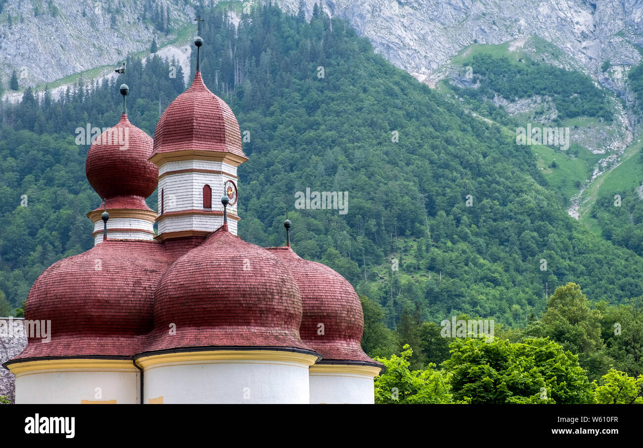 St. Bartholomä am Ufer des Konigssee, Bayern, Deutschland, Europa. Stockfoto