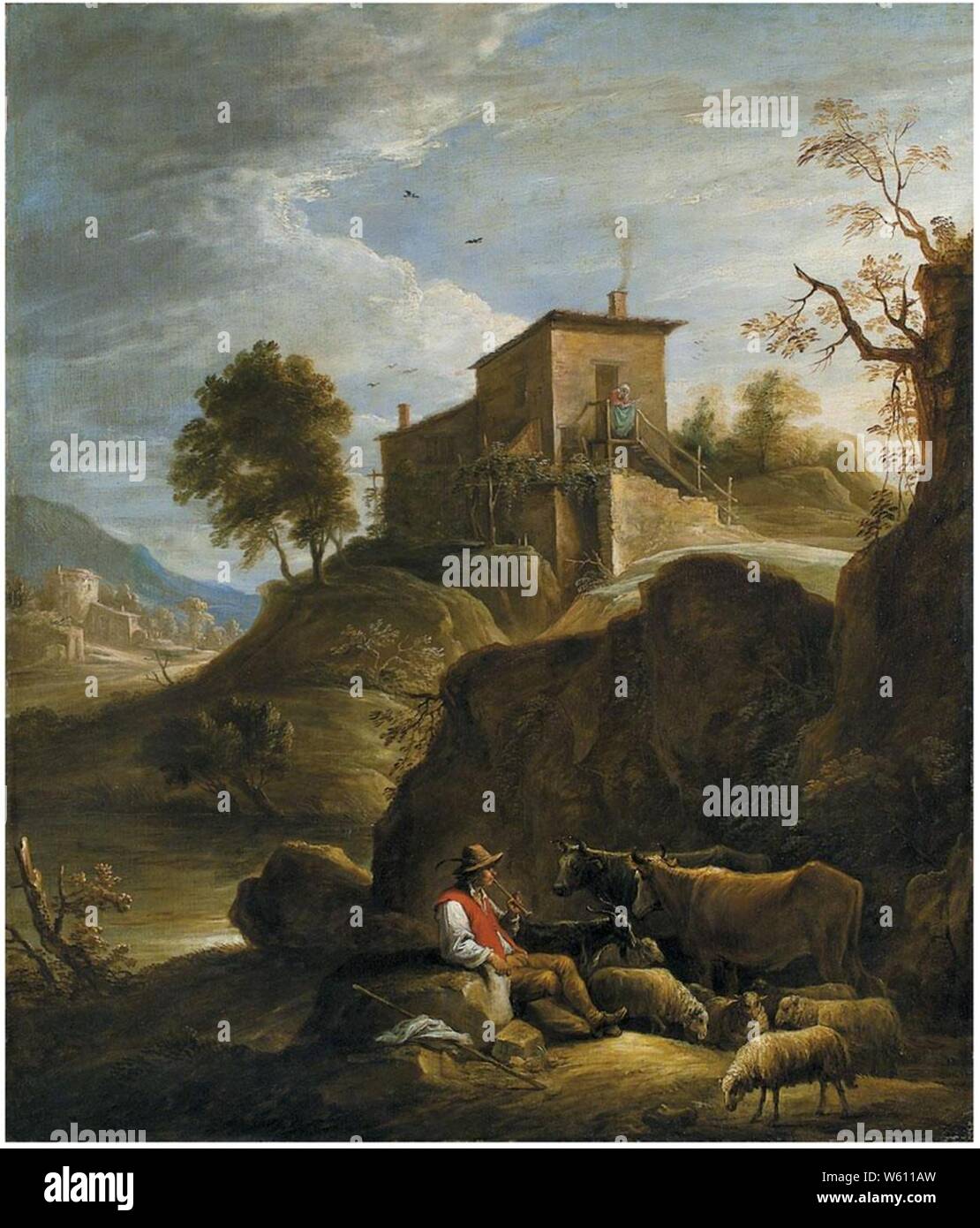 David Teniers II - eine pastorale Landschaft mit ein Hirt, ein Rohr in der Nähe von einem Wasserfall. Stockfoto