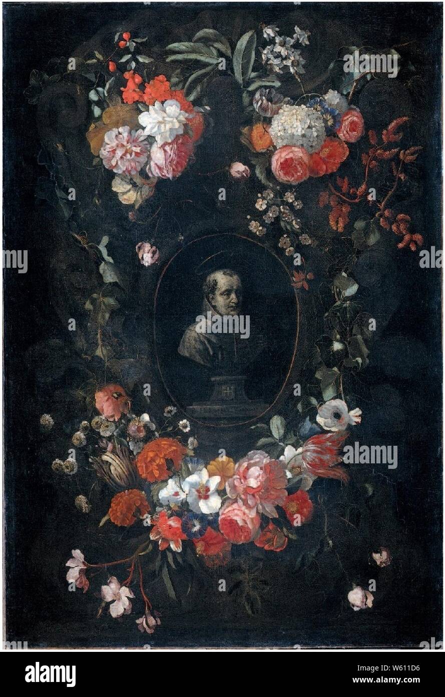 David Teniers II, Gualterus Gysaerts - Flower Garland rund um das Portrait von Hieronymus van Weert, Märtyrerin von Gorkum. Stockfoto