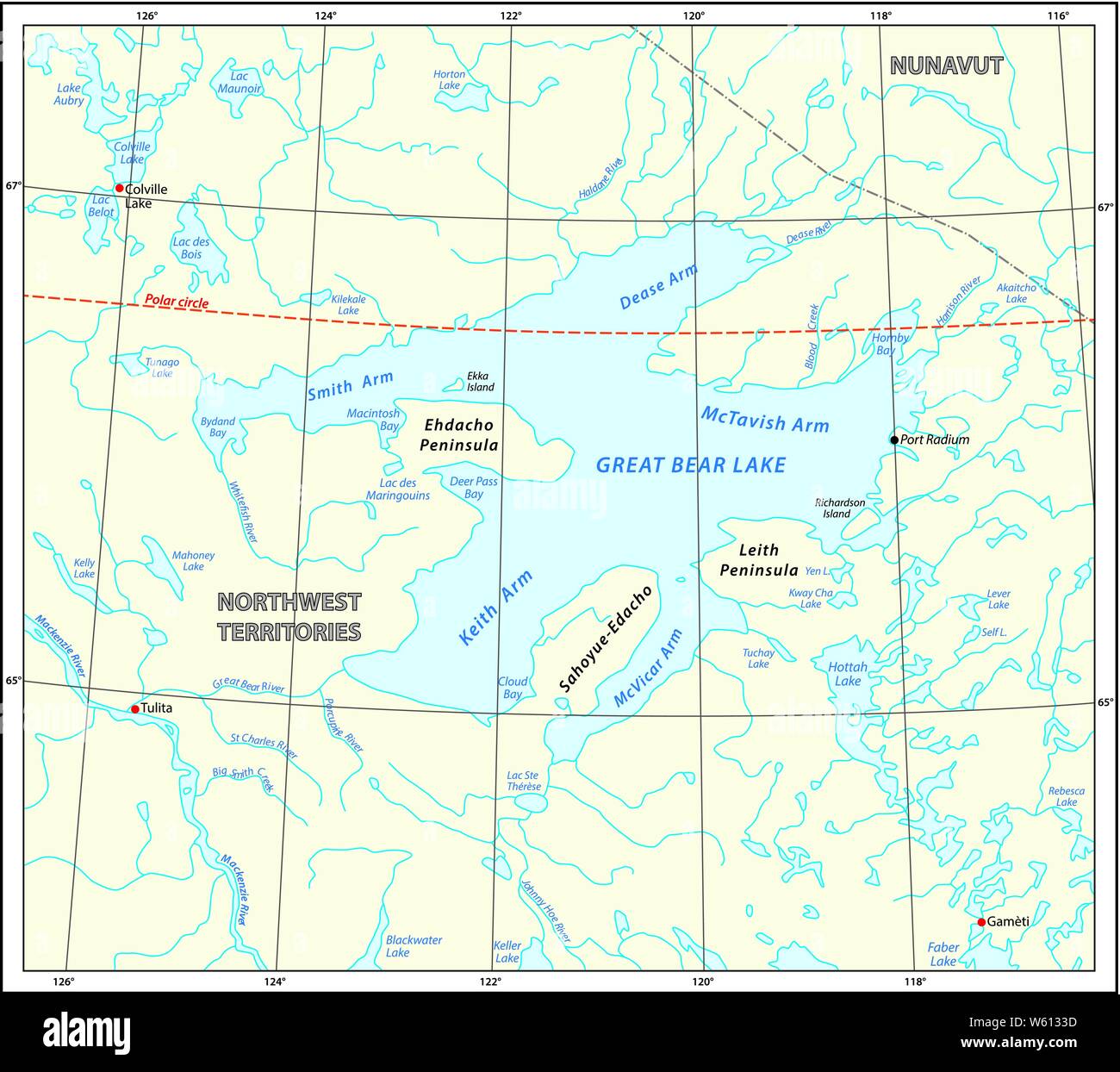 Detaillierte Karte des Great Bear Lake Northwest Territories Kanada Stock Vektor