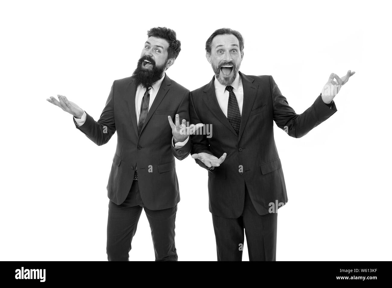 Teamwork überraschen. Die Partnerschaft von boss Männer isoliert auf Weiss. bärtigen Geschäftsleute im Anzug. Männer haben eigenes Geschäft. Zusammenarbeit und Teamwork. business meeting. Team Erfolg. happy Teamarbeit. Stockfoto