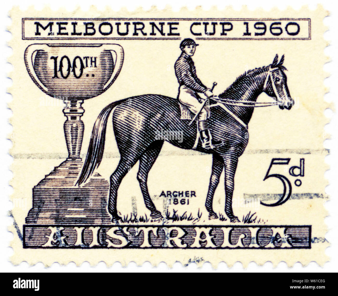 Fünf pence Australischen Briefmarke mit der 100-Jahrfeier des Melbourne Cup, Australiens Premier Pferderennen. Stockfoto