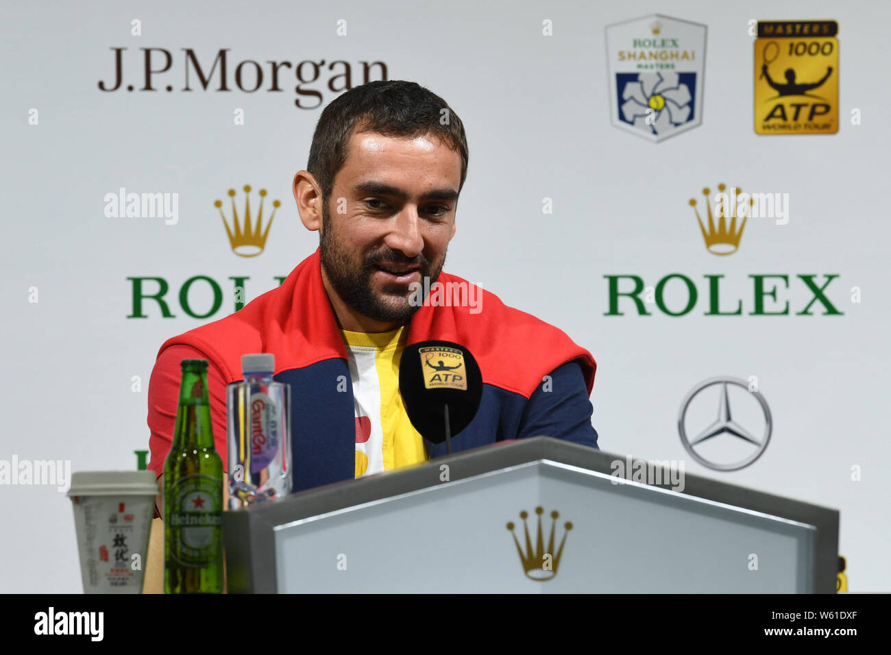 Kroatische Tennisspieler Marin Cilic nimmt an einer Pressekonferenz am zweiten Tag der Rolex Shanghai Masters Tennis Turnier 2018 in Shanghai, Kinn Stockfoto