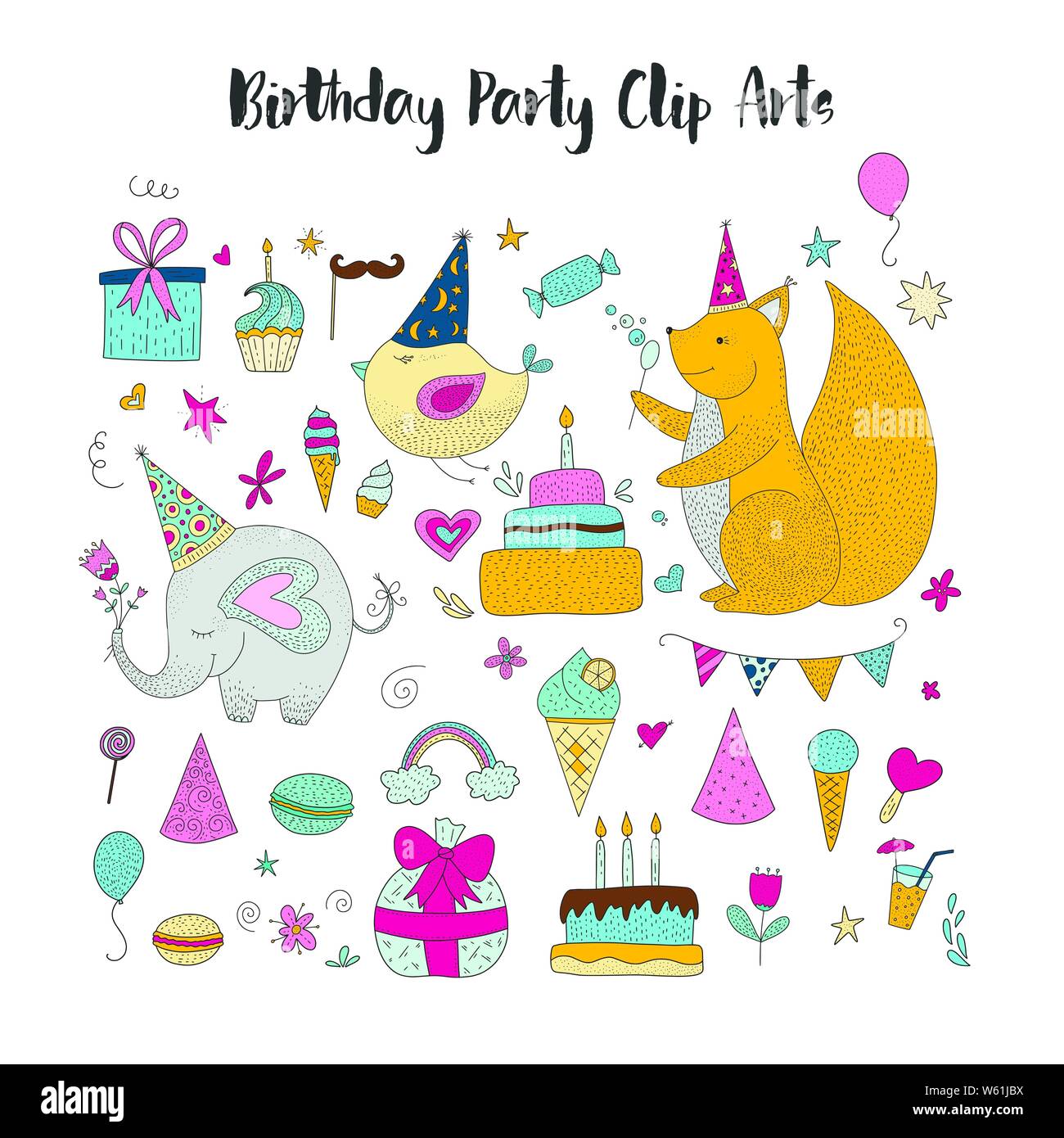 Große Geburtstagsparty vector Clip Arts niedlichen Hand gezeichnete Tiere und Cartoon Elemente. Stock Vektor