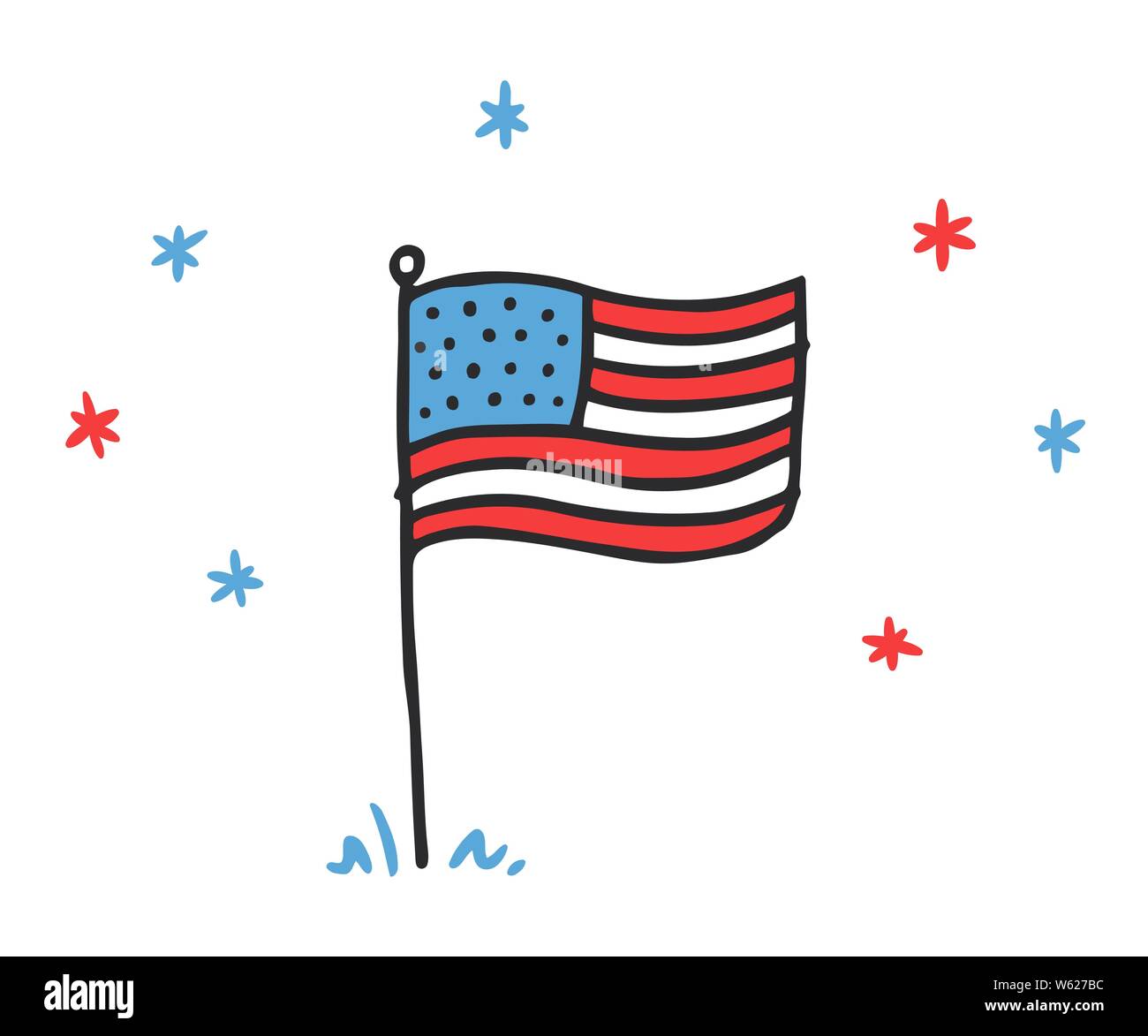 Hand doodle style USA-Flagge mit den Sternen gezeichnet. Kinder Bleistiftzeichnung American Banner für Independence Day. Stock Vektor