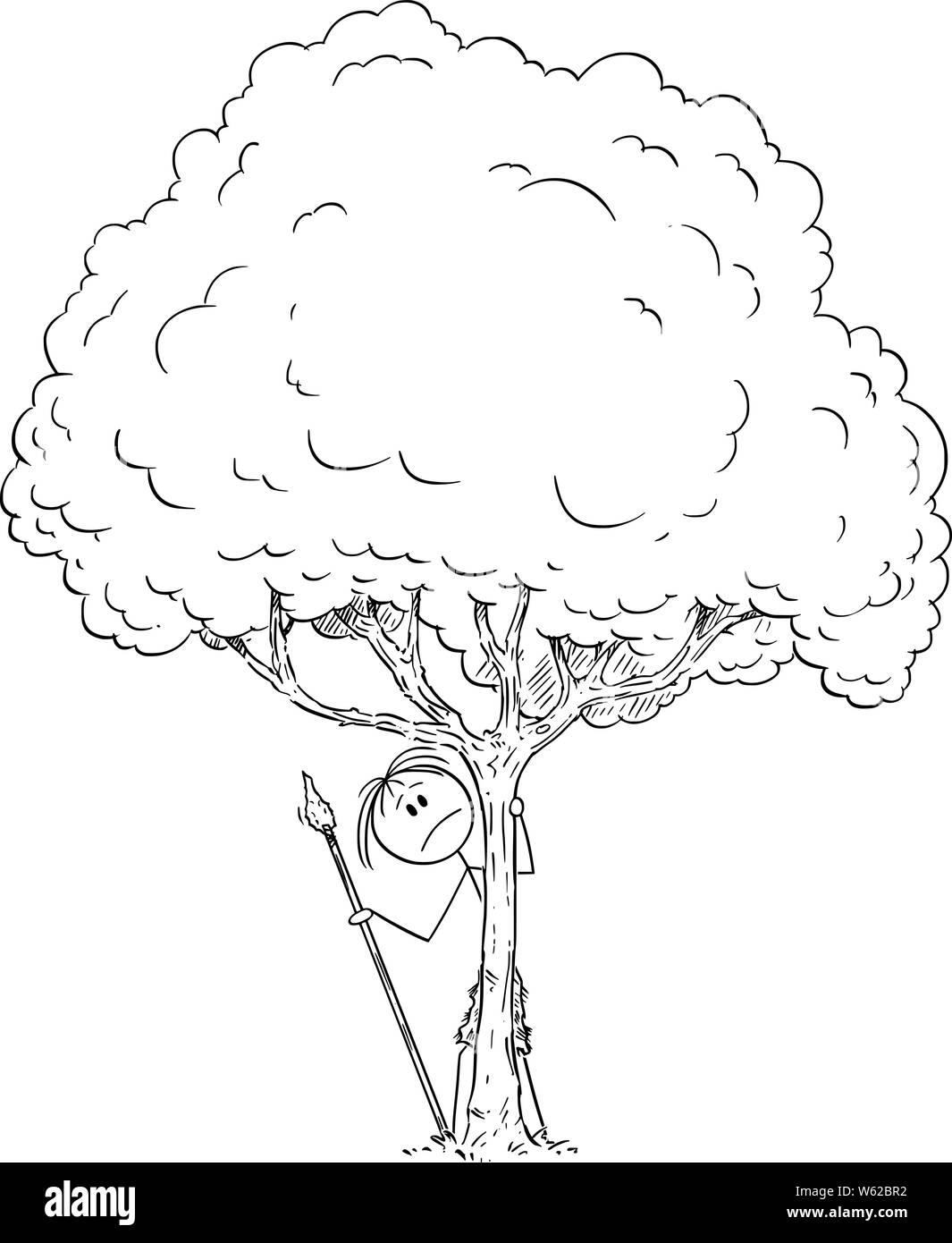 Vektor cartoon Strichmännchen Zeichnen konzeptionelle Darstellung der ängstlich oder besorgt oder Angst oder neugierig native oder prähistorischen Menschen versteckt sich hinter Baum. Stock Vektor