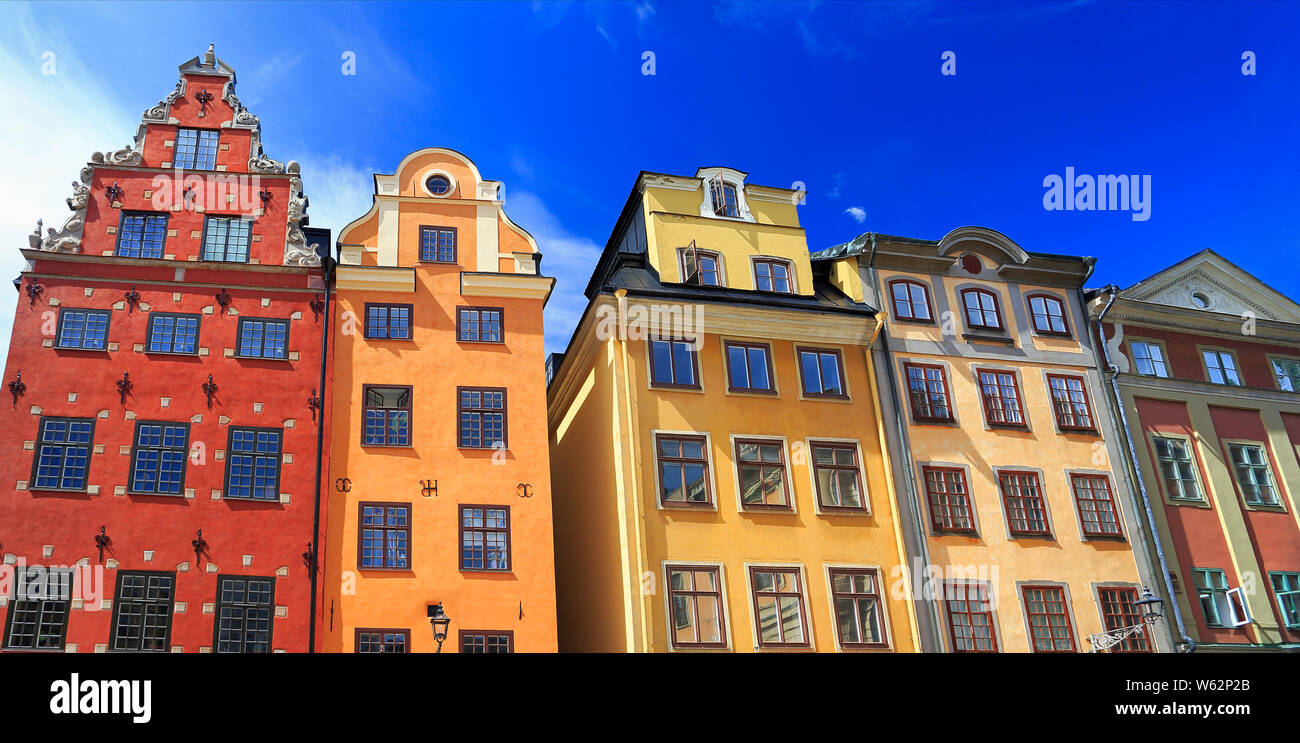 Traditionelle bunte Häuser in der Altstadt (Gamla Stan), Schweden Stockfoto