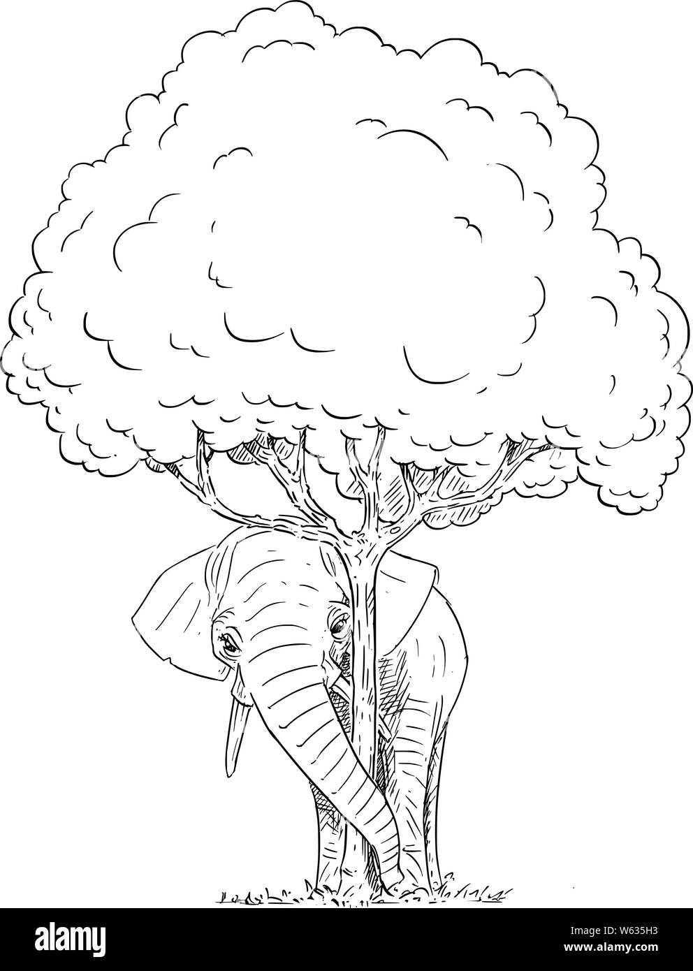 Vektor Komikbild konzeptionelle Darstellung der Elefant versteckt sich hinter Baum. Die letzten Elefanten Herde ist versteckt in den letzten Wald. Umweltkonzept. Stock Vektor