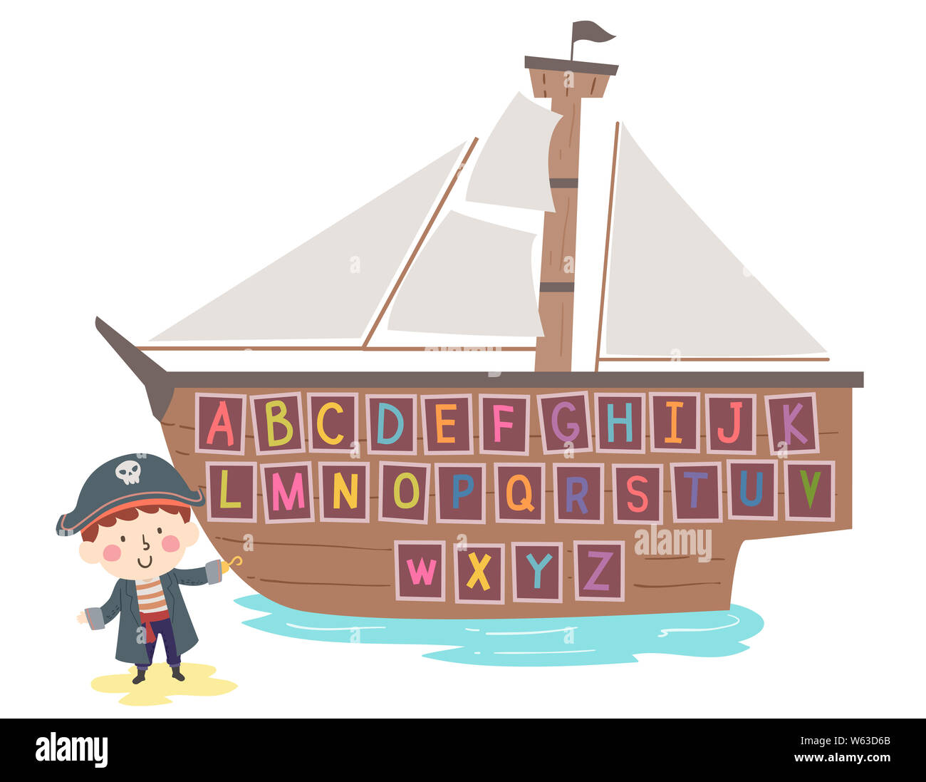 Abbildung: ein Kind Junge mit Piraten Kostüm und präsentiert sein Schiff mit dem Alphabet Stockfoto