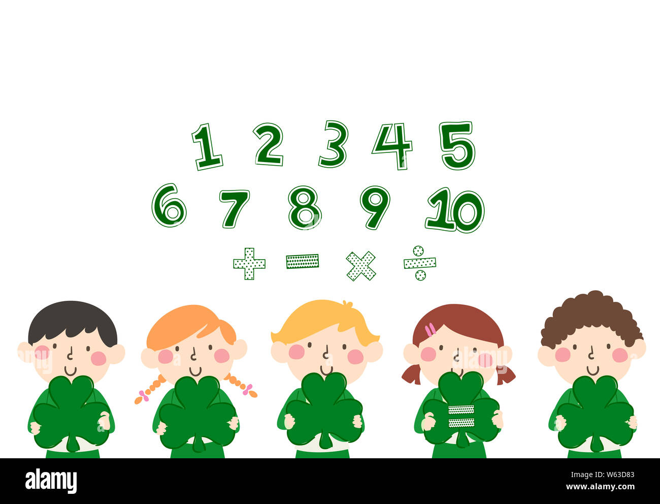 Abbildung: Kinder halten Große grüne Kleeblätter mit Platz für die Zahlen und mathematische Operatoren Stockfoto