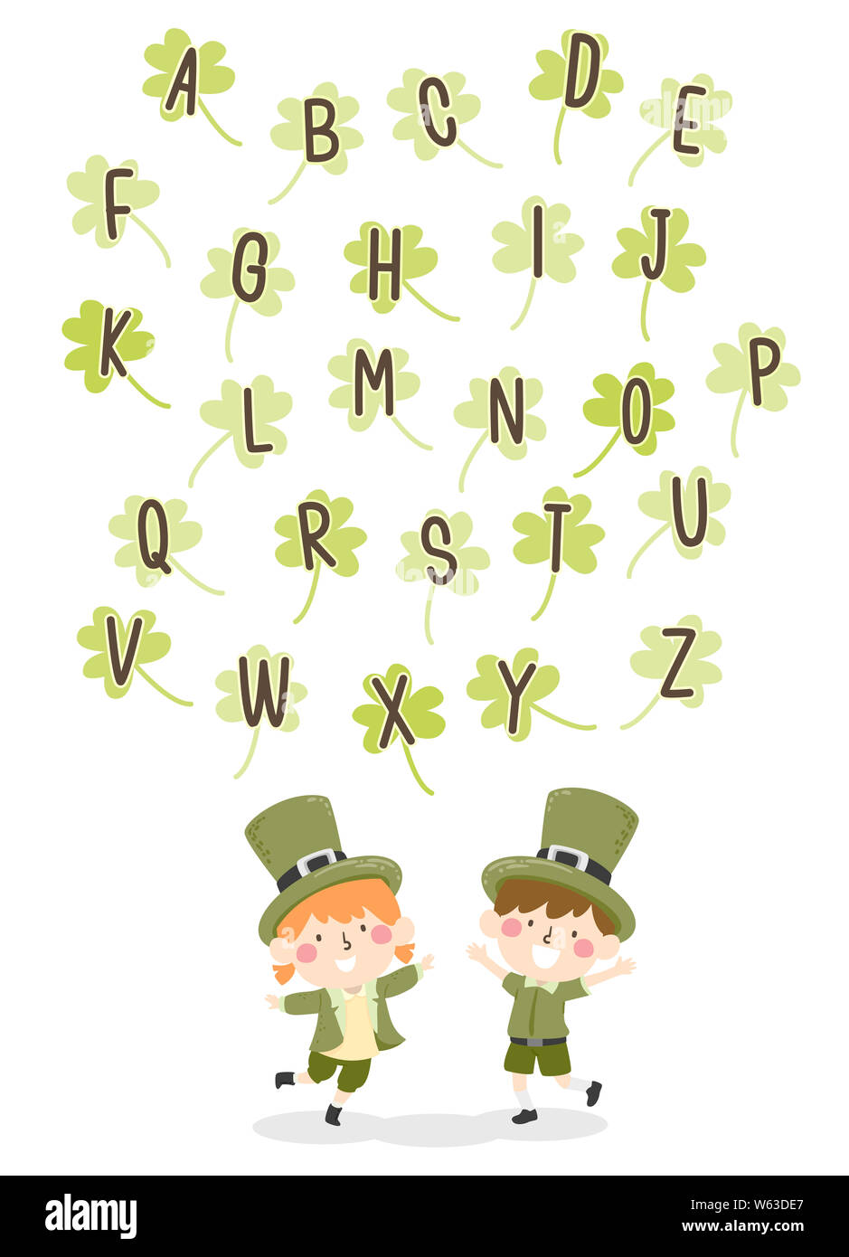Abbildung: Kinder tragen St Patricks Day Kostüm und Klee mit Alphabet Stockfoto