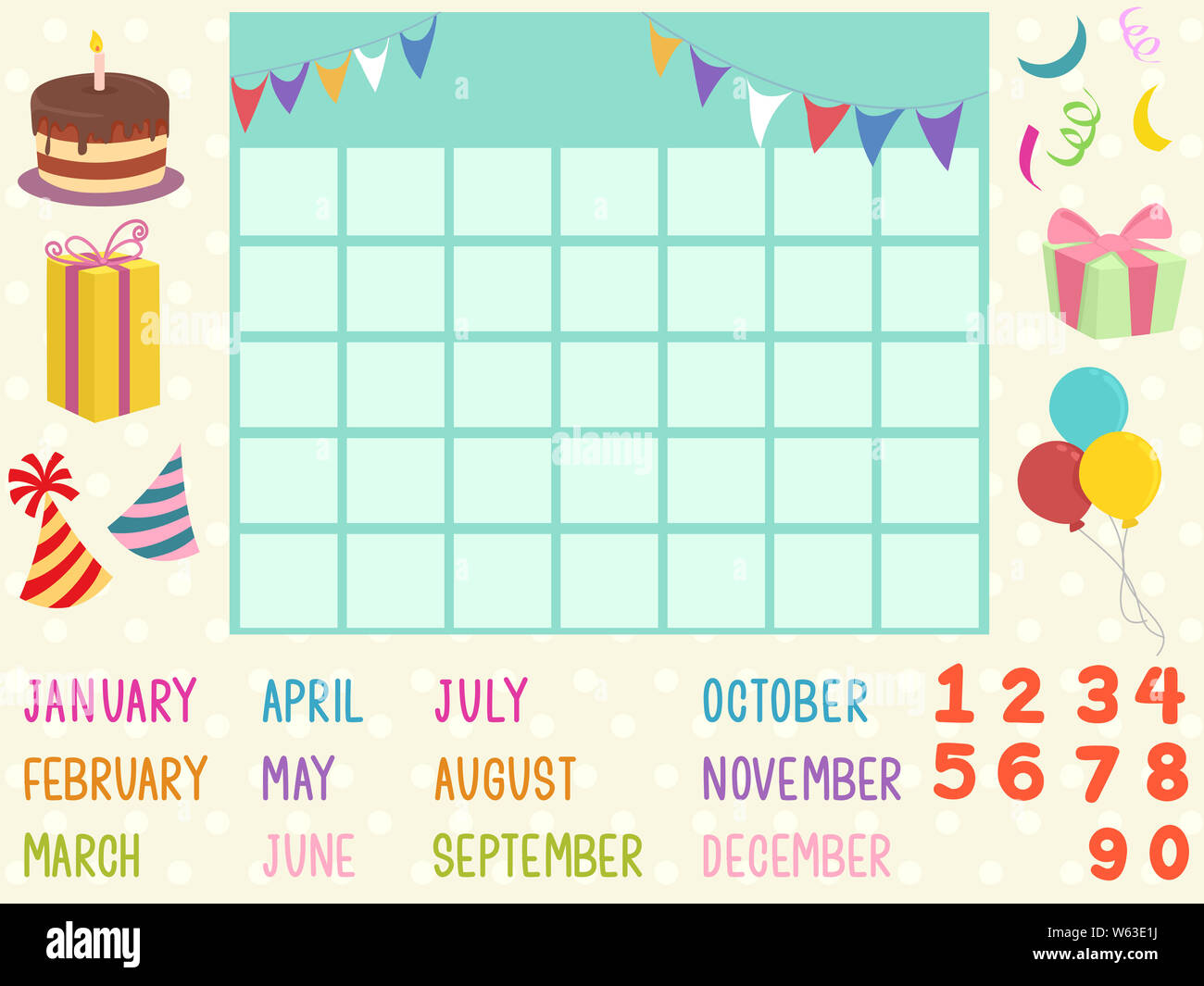 Abbildung: eine leere Vorlage Kalender mit Geburtstag Elemente, Monate und Zahlen Stockfoto