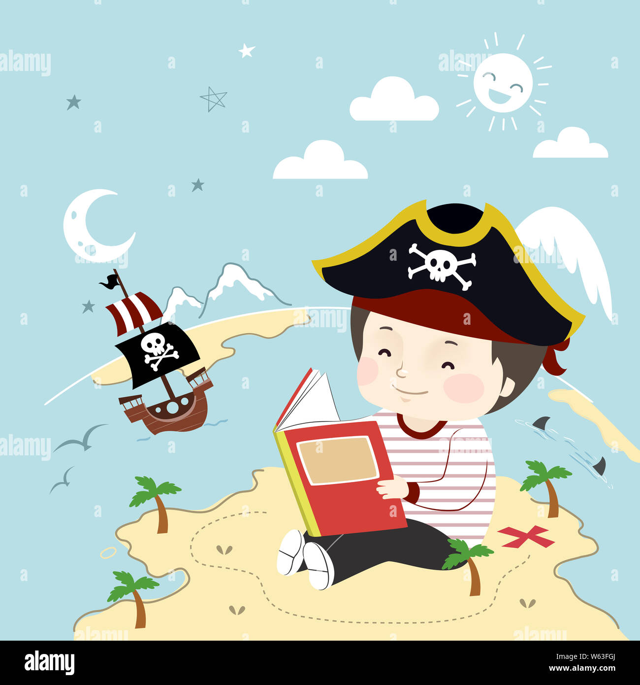 Abbildung: ein Kind Junge ein Buch lesen, das Tragen von Piraten Hut und Sitzen auf einer Insel in einem Piraten Karte Stockfoto