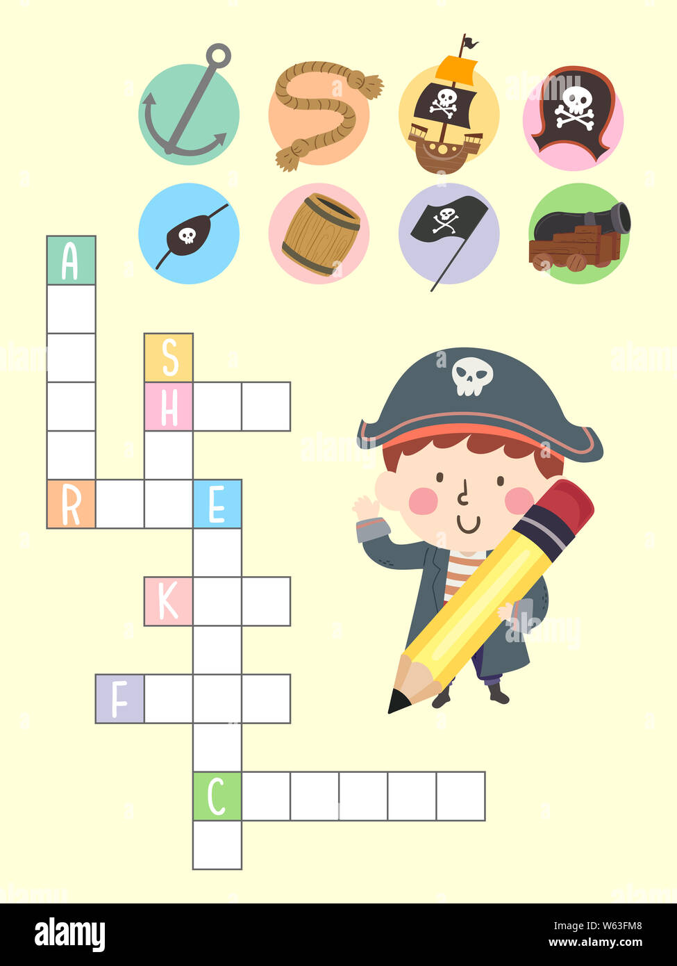 Abbildung: ein Kind Junge mit einem Bleistift mit einem Piraten Kreuzworträtsel mit Anker, Seil, Schiff, Hut, Augenklappe, Fass, Flagge und Kanone Stockfoto