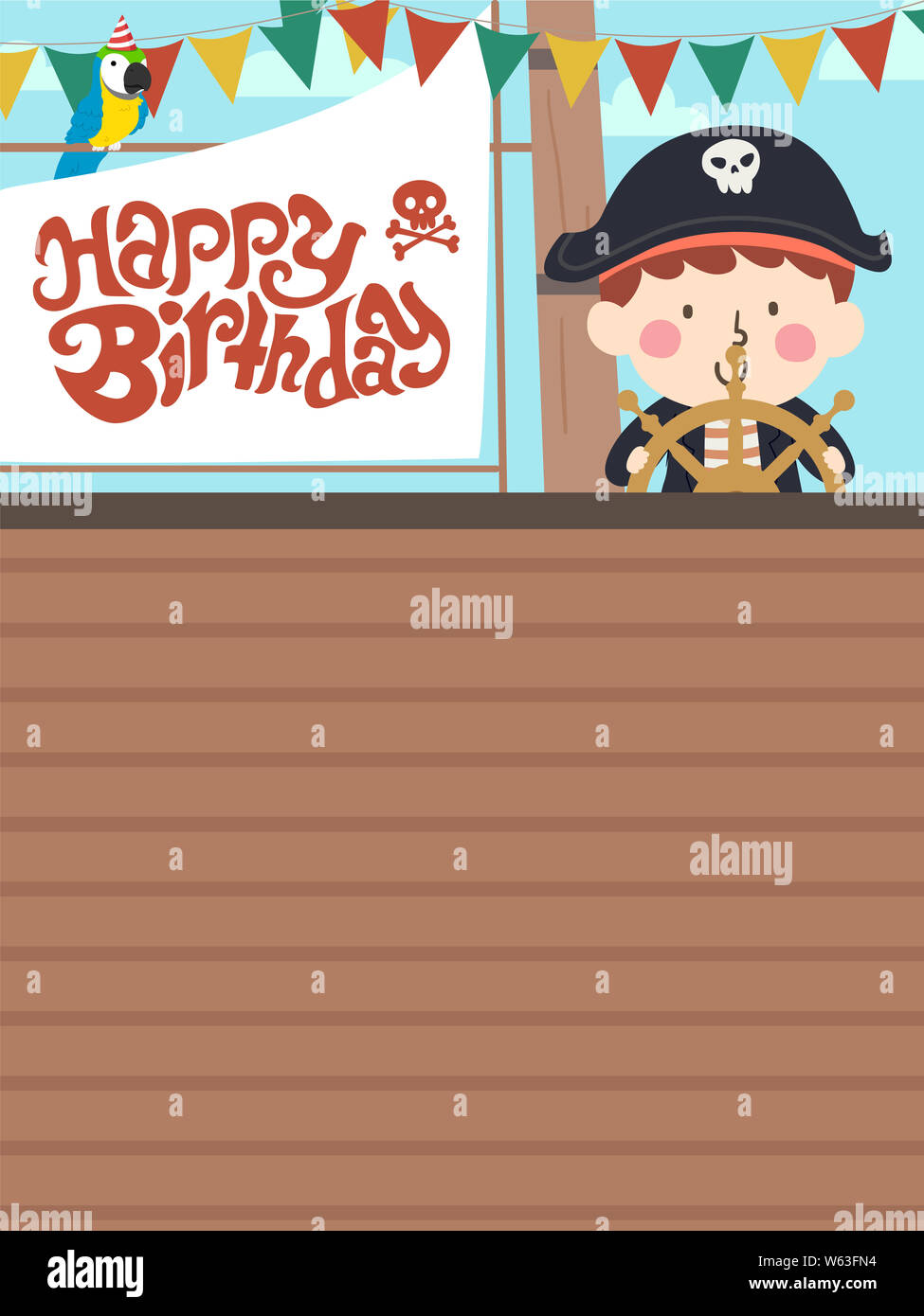 Abbildung: ein Kind Junge Piraten mit dem Lenkrad eines Schiffes Board mit Happy Birthday Fahne Stockfoto
