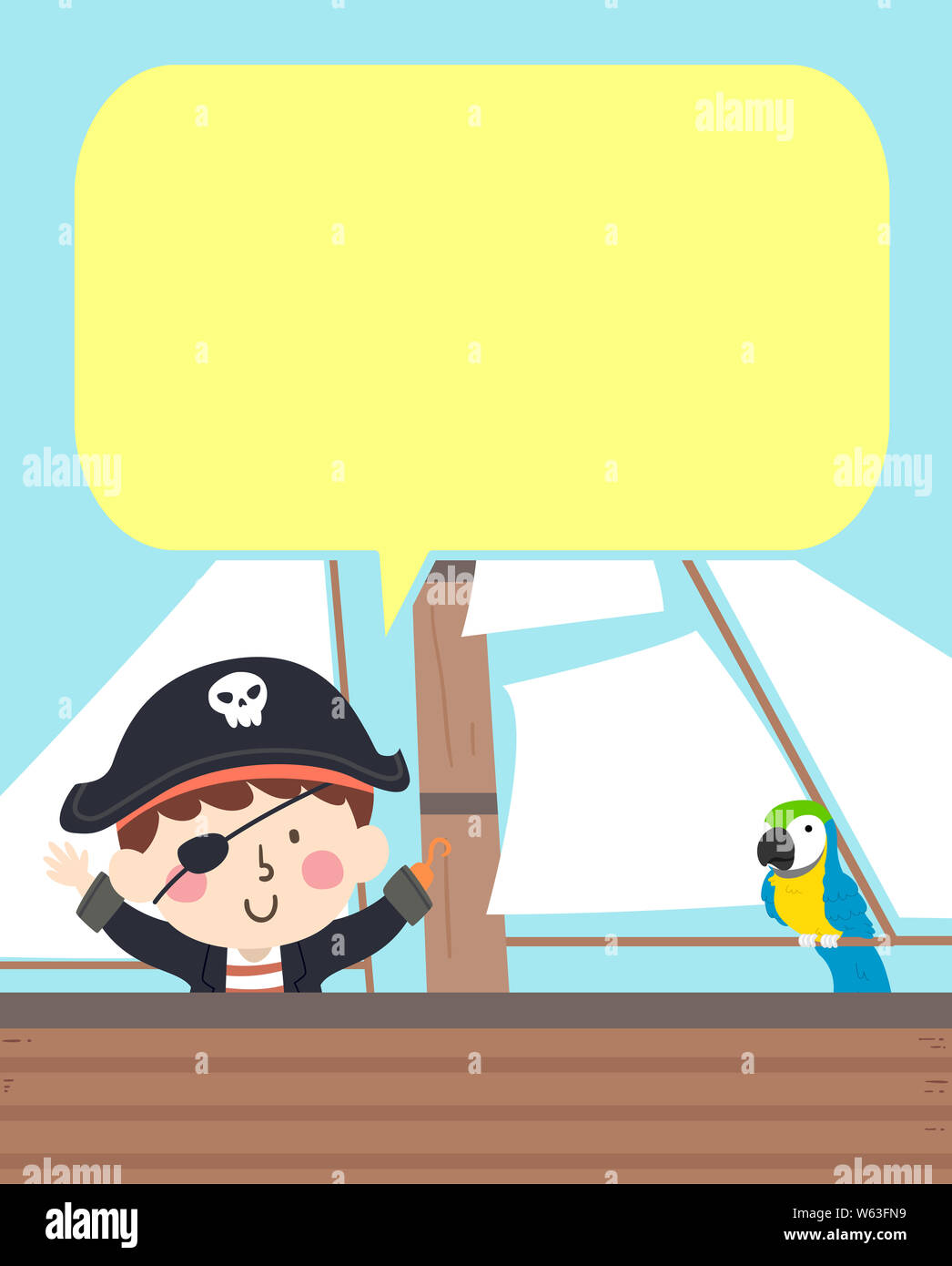 Abbildung: ein Kind Junge Piraten, ein Schiff mit einem Papagei und eine leere Sprechblase Stockfoto