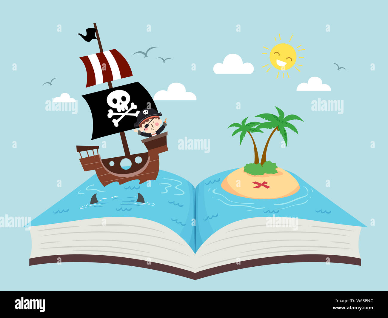 Abbildung: ein Kind Junge Piraten winkt von einem Schiff auf eine Insel im Meer Reisen in einem Buch Stockfoto