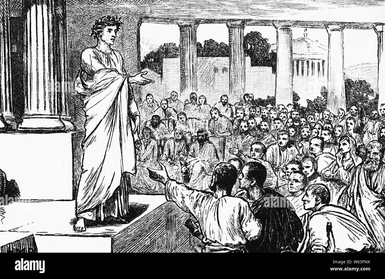 Scipio Africanus, (236 - 183 v. Chr.), war ein römischer General für seinen Sieg über die KARTHAGISCHE Anführer Hannibal in der Schlacht von Zama (202 v. Chr.), dass der Zweite Punische Krieg endete. Um 207 v. Chr., nach einer erfolgreichen Kampagne in Spanien, Scipio gebeten, dem römischen Senat für Lieferungen und eine Armee auf Karthago selbst bis März. Der römische Senat lehnte den Antrag ab, so dass Scipio eine Armee erhob sich und drohte der römische Senat mit einem Appell an das römische Volk zur Unterstützung seiner Kampagne. Aus Angst seine Popularität, gaben sie ihm den Befehl von Sizilien als seine Basis für Operationen zu verwenden. Stockfoto