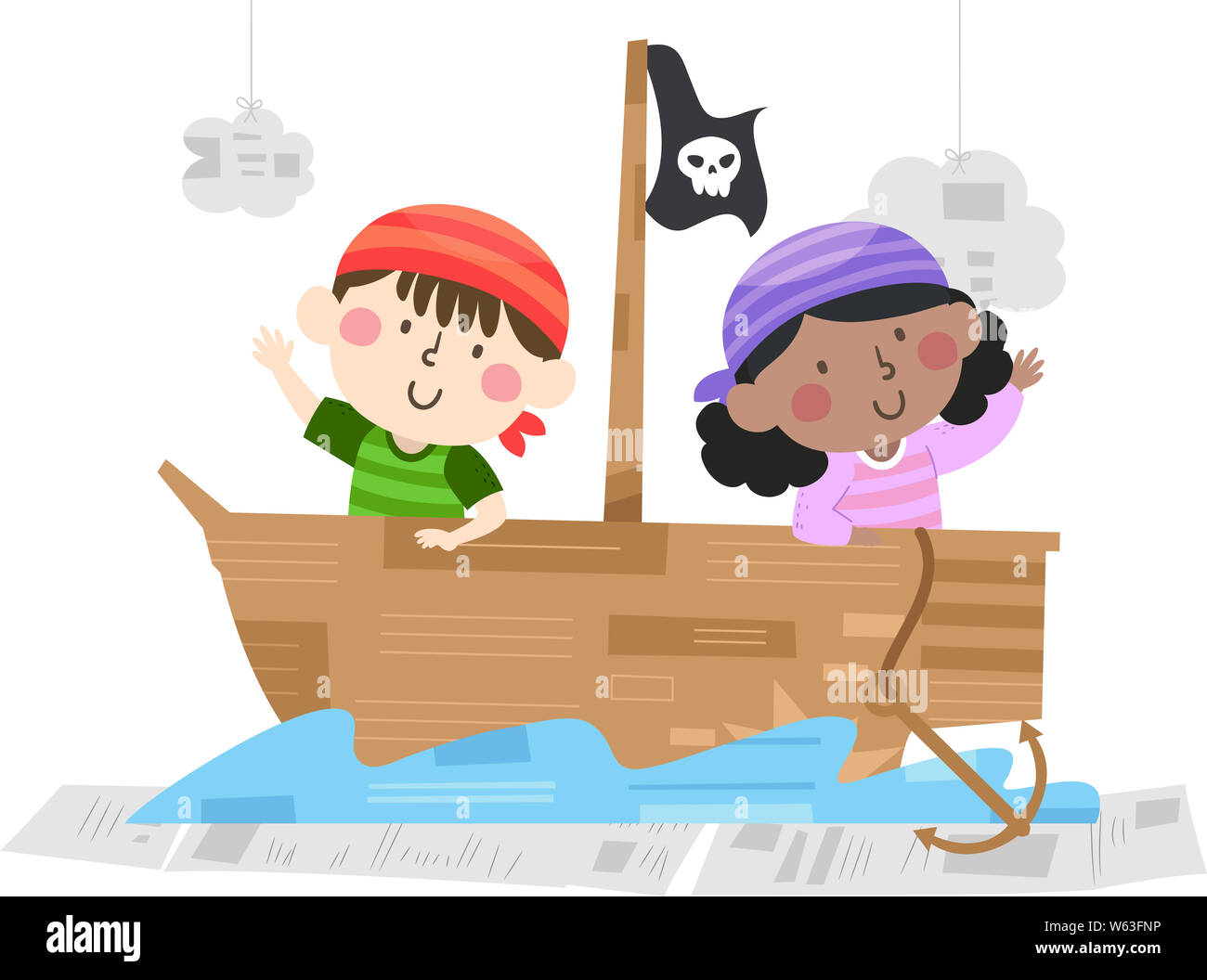 Abbildung: Kinder tragen Piraten Kostüm Reiten Schiff auf Wasser auf Requisiten aus Recyclingpapier Stockfoto