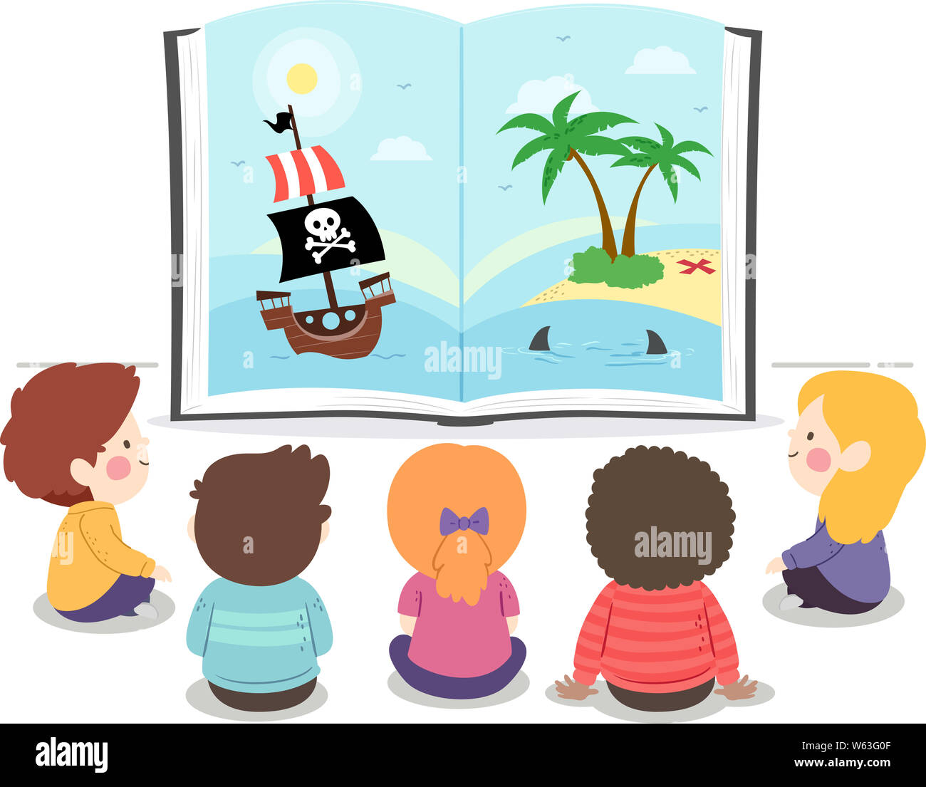 Abbildung: Kinder sitzen auf dem Boden und den Blick auf ein offenes Buch mit Piraten Geschichte Stockfoto