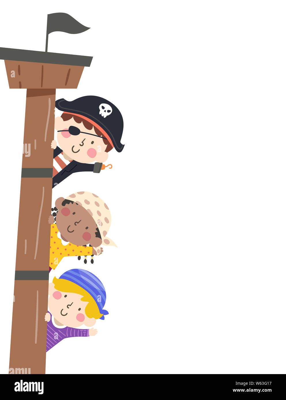 Abbildung: Kinder Winken und Tragen Piraten Kostüm von einem Schiff Mast Grenze Stockfoto