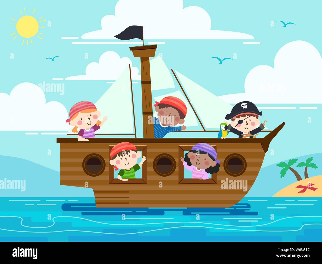 Abbildung: Kids Pirate winkt von einem Piratenschiff Segeln in den Meeren Stockfoto