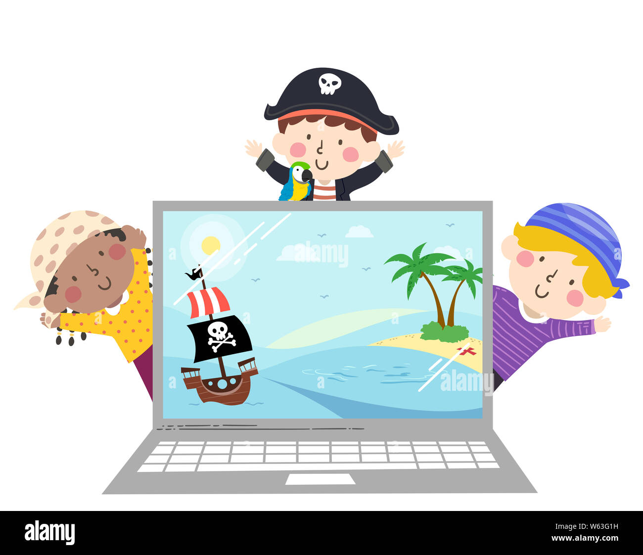 Abbildung: Kinder tragen Piraten Kostüm Winken und ein Laptop mit Pirate Story auf dem Bildschirm Stockfoto