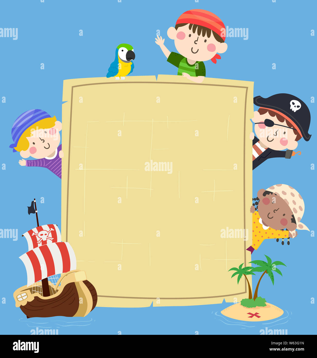 Abbildung: Kinder tragen Piraten Kostüm und eine leere Karte Board mit Shop und Insel Stockfoto