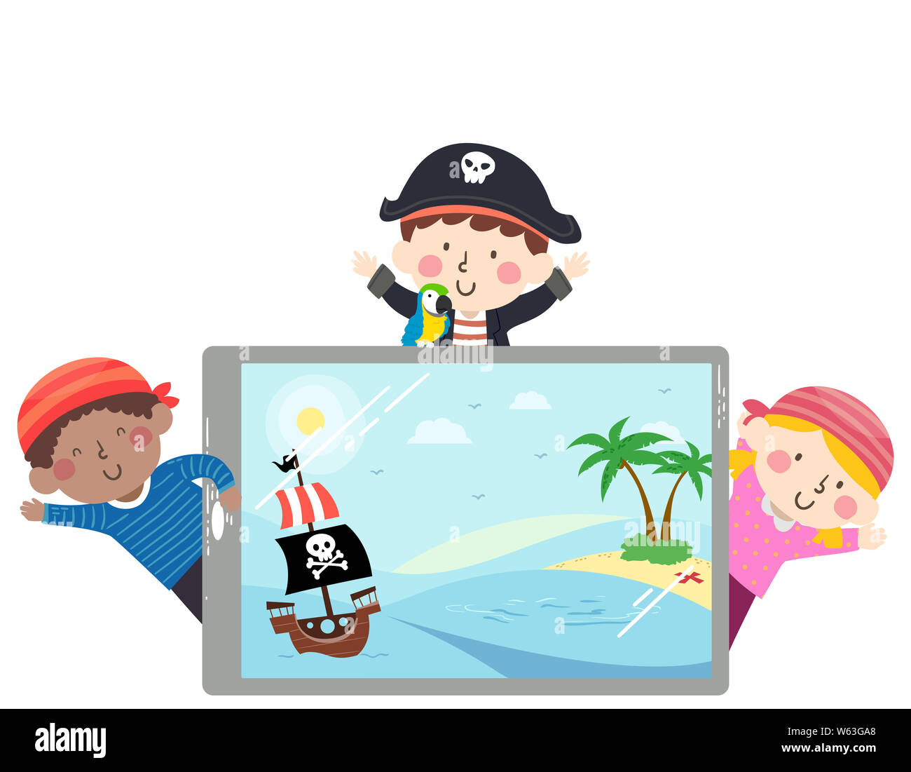 Abbildung: Kinder tragen Piraten Kostüm, winken und zeigt ein Pirat Geschichte auf Tablet-PC Stockfoto