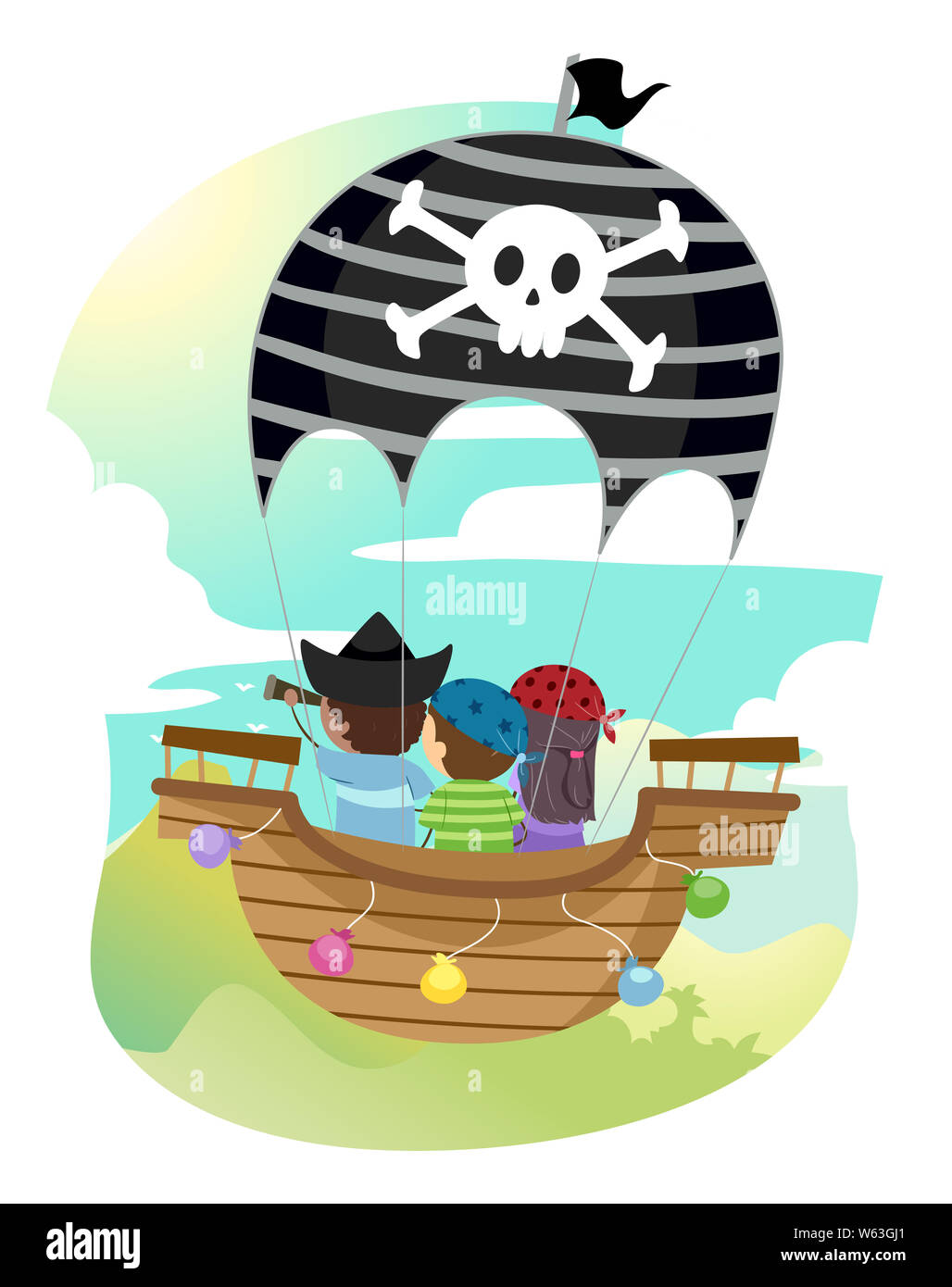 Abbildung: Stickman Kinder tragen Piraten Kostüm und Reiten ein Schiff im Himmel schweben Stockfoto