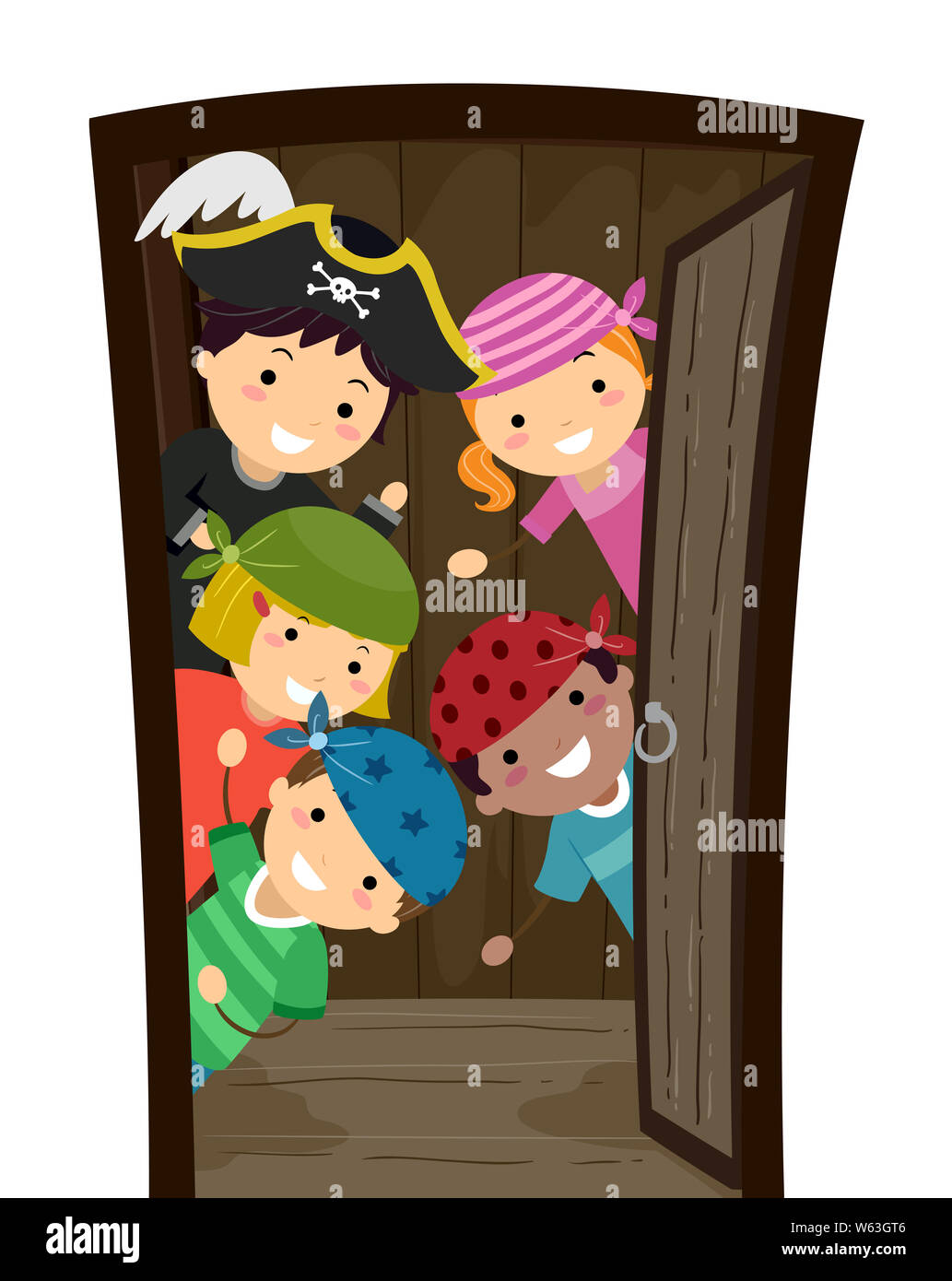 Abbildung: Stickman Kinder tragen Piraten Kostüm aus dem Blick in eine offene Tür Gastfreundlich Stockfoto