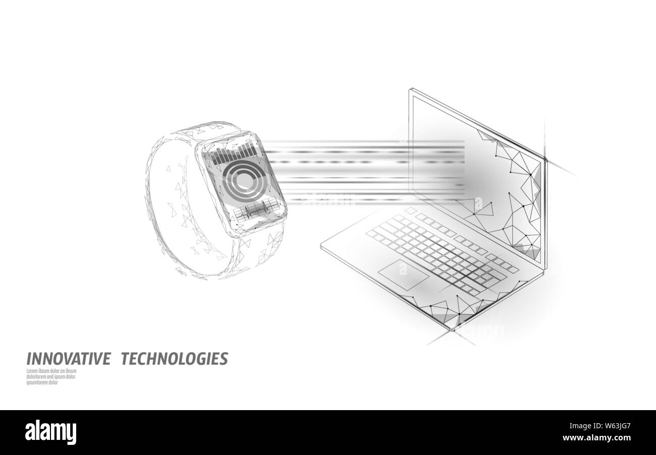 Smart Uhren Verbindung laptop Technologie Konzept. Low Poly polygonalen Tracking app. Medizinisches Gerät Netzwerkverbindung Medien Grafik. Wearable Gadgets Stock Vektor