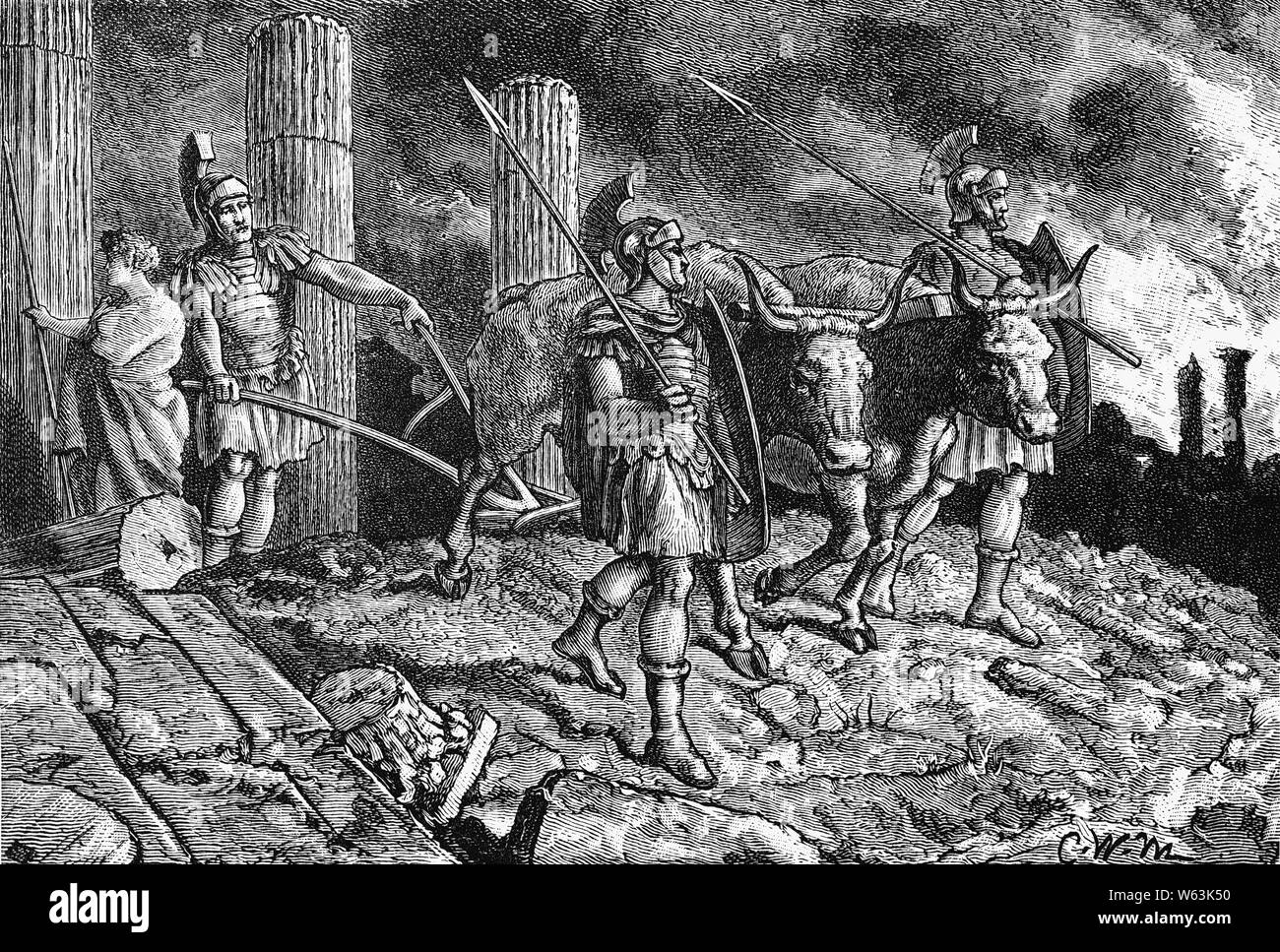 Römische Soldaten das Pflügen der Website nach der Schlacht von Karthago, das Engagement des Dritten Punischen Krieg zwischen der punischen Stadt Karthago in Afrika und der Römischen Republik. Es war eine Belagerung Betrieb, einmal in 149 oder 148 v. Chr. beginnt und endet im Frühjahr 146 v. Chr. mit dem Sack und vollständige Zerstörung der Stadt Karthago. Stockfoto