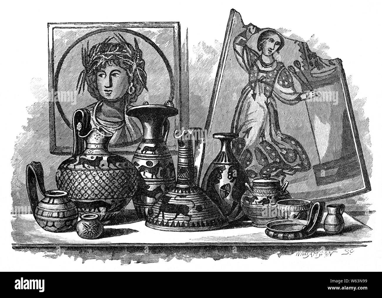 Die Kunst der Karthager war eine eklektische Mischung von Einflüssen und Stilrichtungen, die Ägyptische Motive, griechische Art und Weise enthalten, Phönizische Götter und Etruskischen Muster. Terrakotta und Stein wurden in sehr dekorative Objekte reicht von alltäglichen Utensilien zu rein dekorativen Stück verwandelt. Diese Keramiken wurden an verschiedenen Orten in Italien gefunden und sind Teil der Sammlung des British Museum. Stockfoto