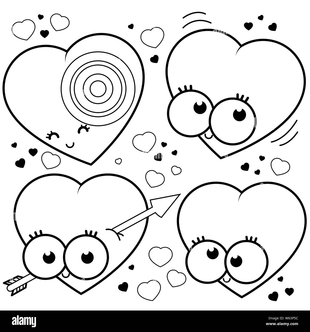 Lustige Cartoon-Herzfiguren. Set mit vier Cartoon-Herzen in Liebe. Valentinstag mit Herzen. Happy valentine's Day Konzept. Stockfoto