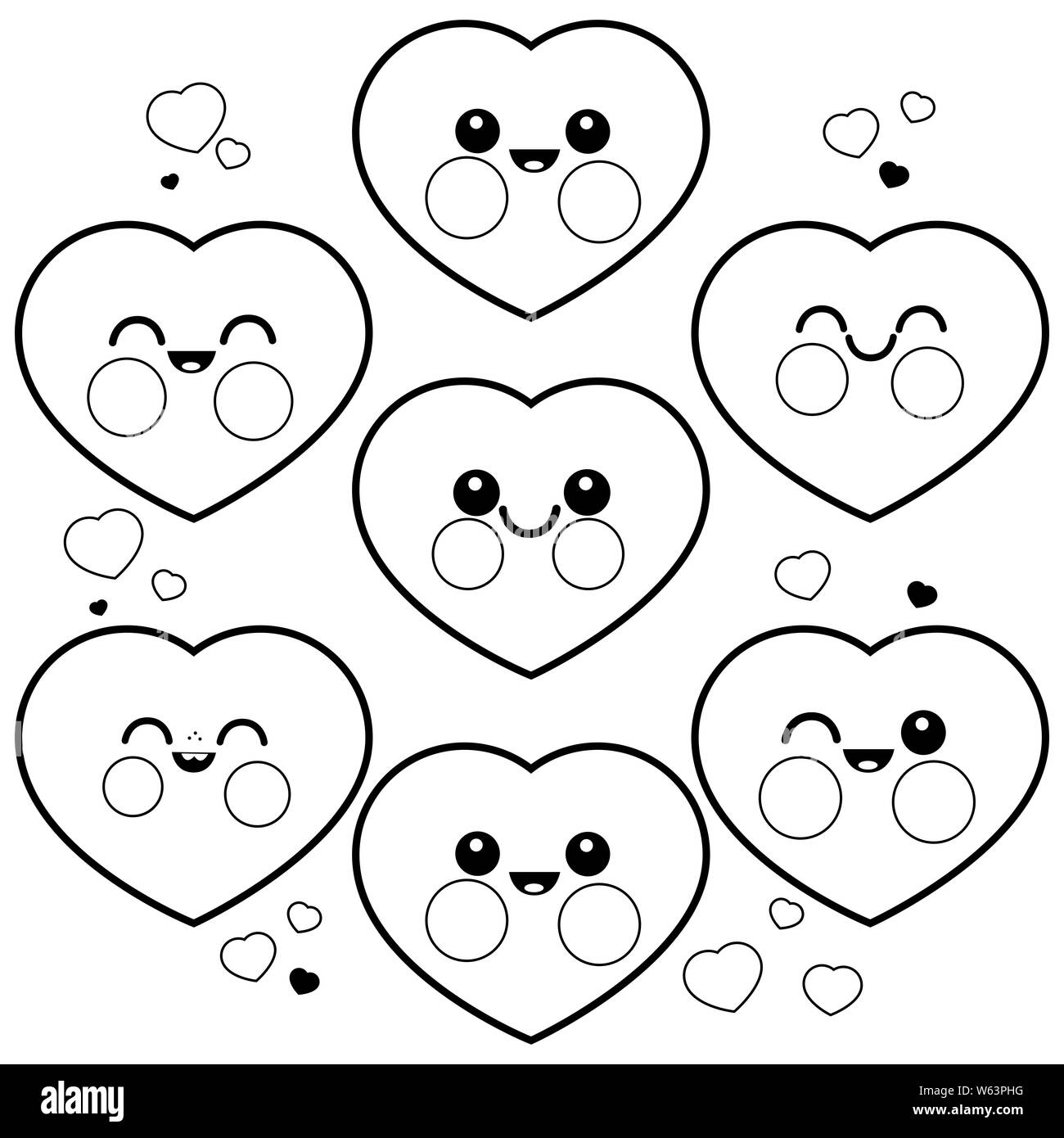 Fröhliches süßes Herz-Emoji-Set. Liebe Vektor-Illustration. Lustiges Set mit Herzaufklebern. Seite mit Schwarzweiß-Malbuch. Stockfoto