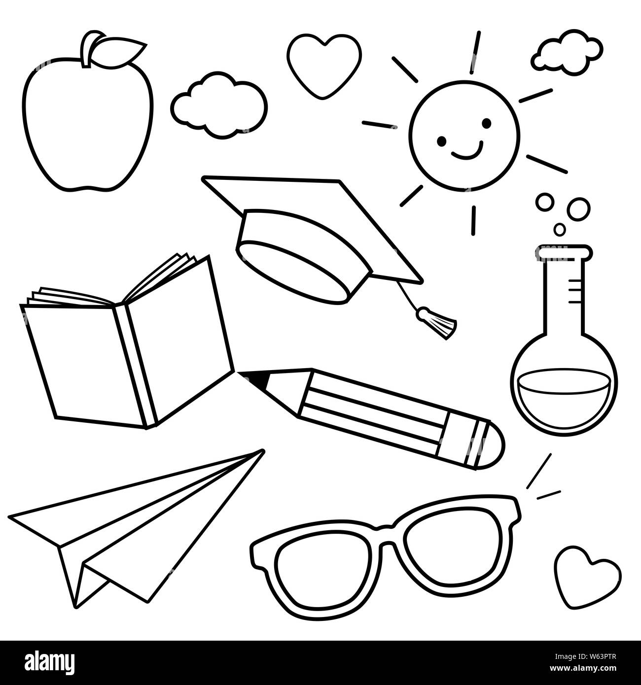 Schule thematische Skizze Symbole. Schwarze und weiße Malbuch Seite Stockfoto