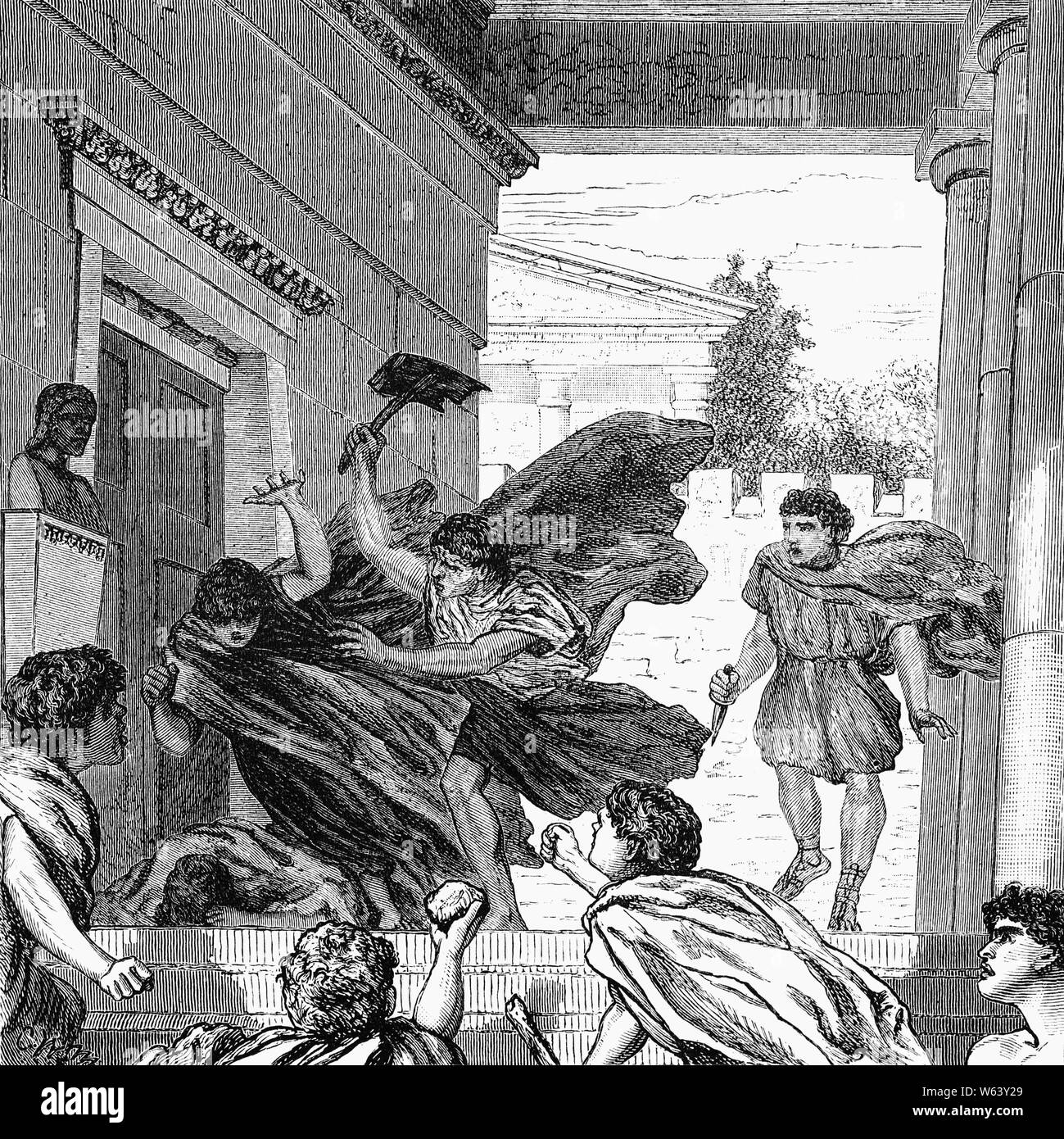Wenn Tiberius Sempronius Gracchus wurde in das Amt des Tribüne der Plebs in 133 BC gewählt und fing an, für ein Programm der Landreform, auch liberalen Senatoren wurden durch die vorgeschlagenen Änderungen aufgeregt, weil sie befürchteten, ihre Ländereien beschlagnahmt werden würde. Nach dem Appell an den Menschen, Tiberius argumentierte, dass eine Tribüne, die den Willen der Menschen zu Gunsten der Reichen ist dagegen keine echte Tribüne. Die Senatoren marschierten zum Forum, und hatte Tiberius und 300 seiner Anhänger clubbed zum Tod. Dies war die erste offene Blutvergießen in der römischen Politik für fast vier Jahrhunderte. Stockfoto