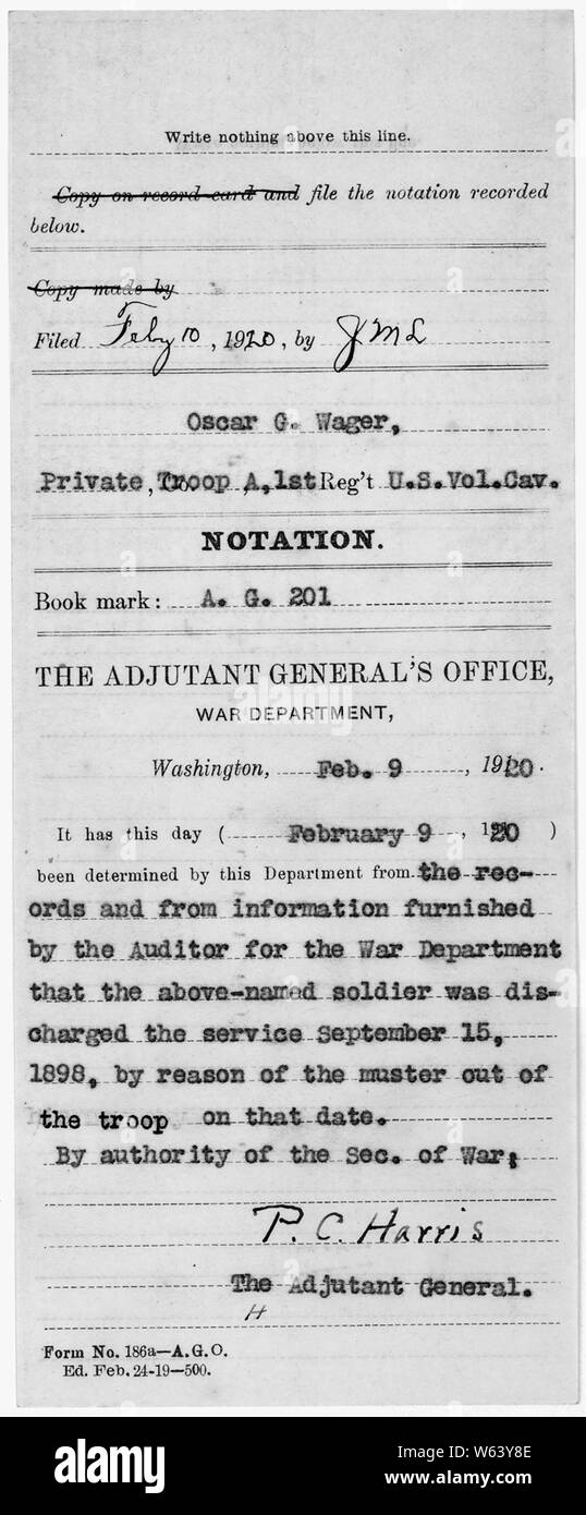 Militärdienst Aufzeichnung von Oscar G. Wette zusammengestellt, dokumentieren im 1 US Freiwillige Kavallerie (Rough Riders) während des spanisch-amerikanischen Krieges.; Allgemeine Hinweise: Beachten Sie, dass nur ein Teil der Gegenstände aus diesem kompiliert Militärdienst Datensatz digitalisiert wurden und online zur Verfügung gestellt. Stockfoto