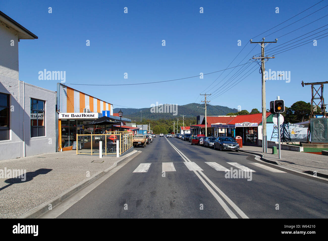 Rosebery, Tasmanien: April, 2019: Main Street in der kleinen Stadt Tasmaniens. Rosebery ist auf der A 10 Murchison Highway zwischen Zeehan und Tullah entfernt. Stockfoto