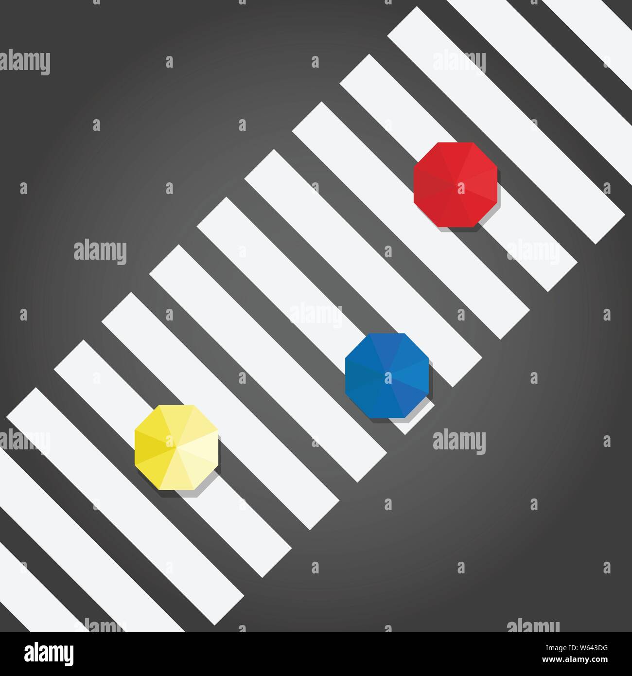 Blick von oben auf die drei umbrelas: Gelb, Blau und Rot auf einem Zebrastreifen für Fußgänger Stock Vektor Blick von oben auf die drei umbrelas: Gelb, Blau und Rot auf einem Zebrastreifen für Fußgänger Stock Vektor