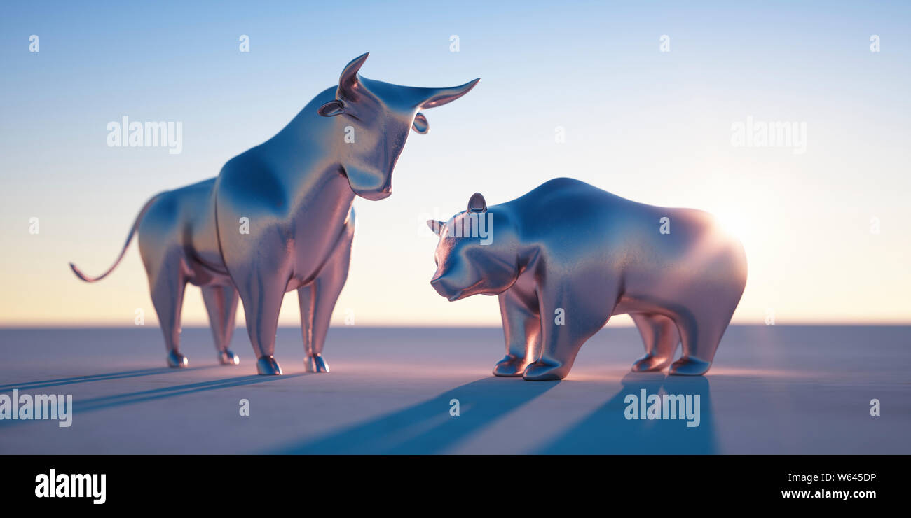 Silber Bull und Bear bei Sonnenuntergang - 3D-Illustration - Bulle und Bär Stockfoto
